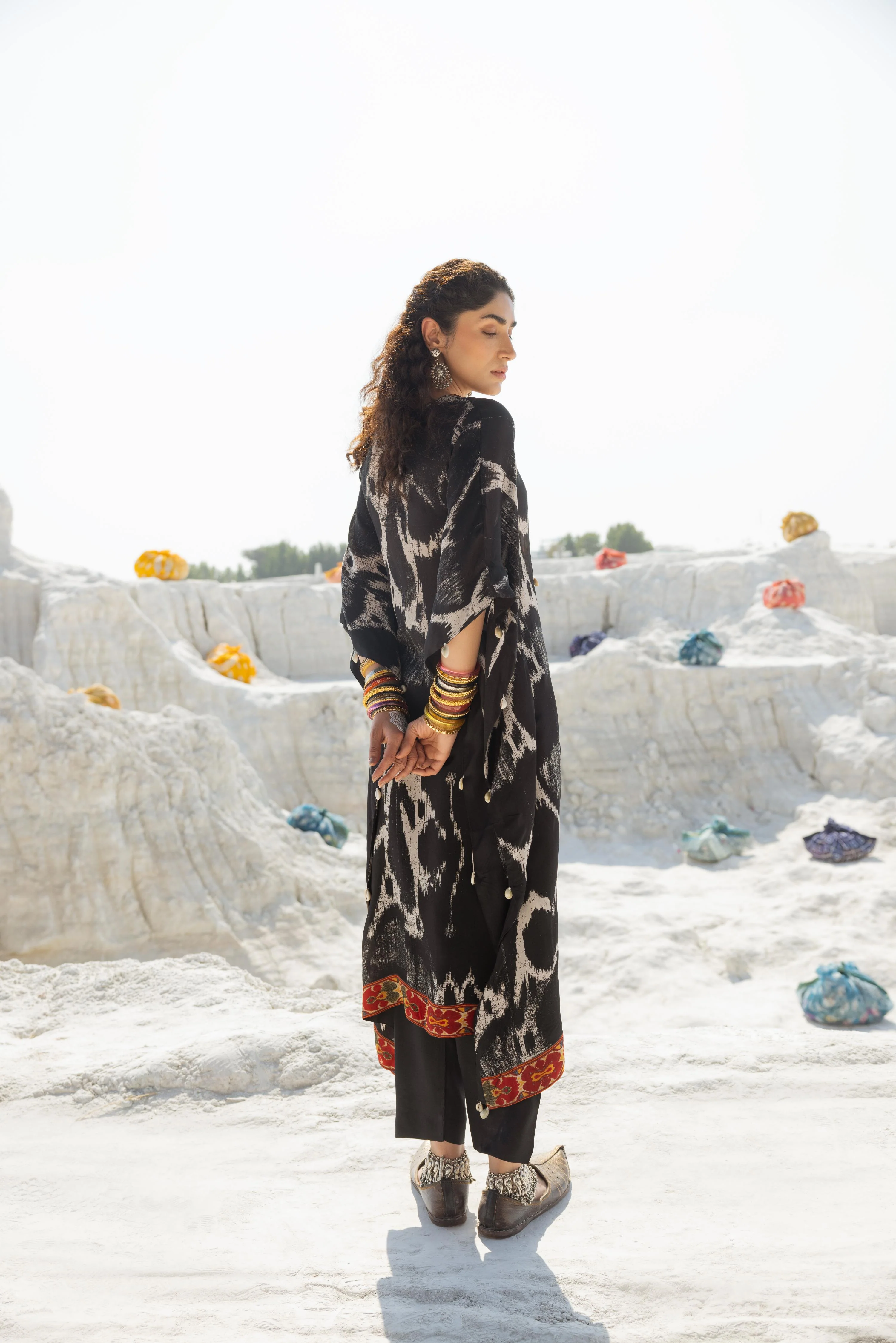 Black Ikat Printed Muslin Silk Kaftan Set - Image 4