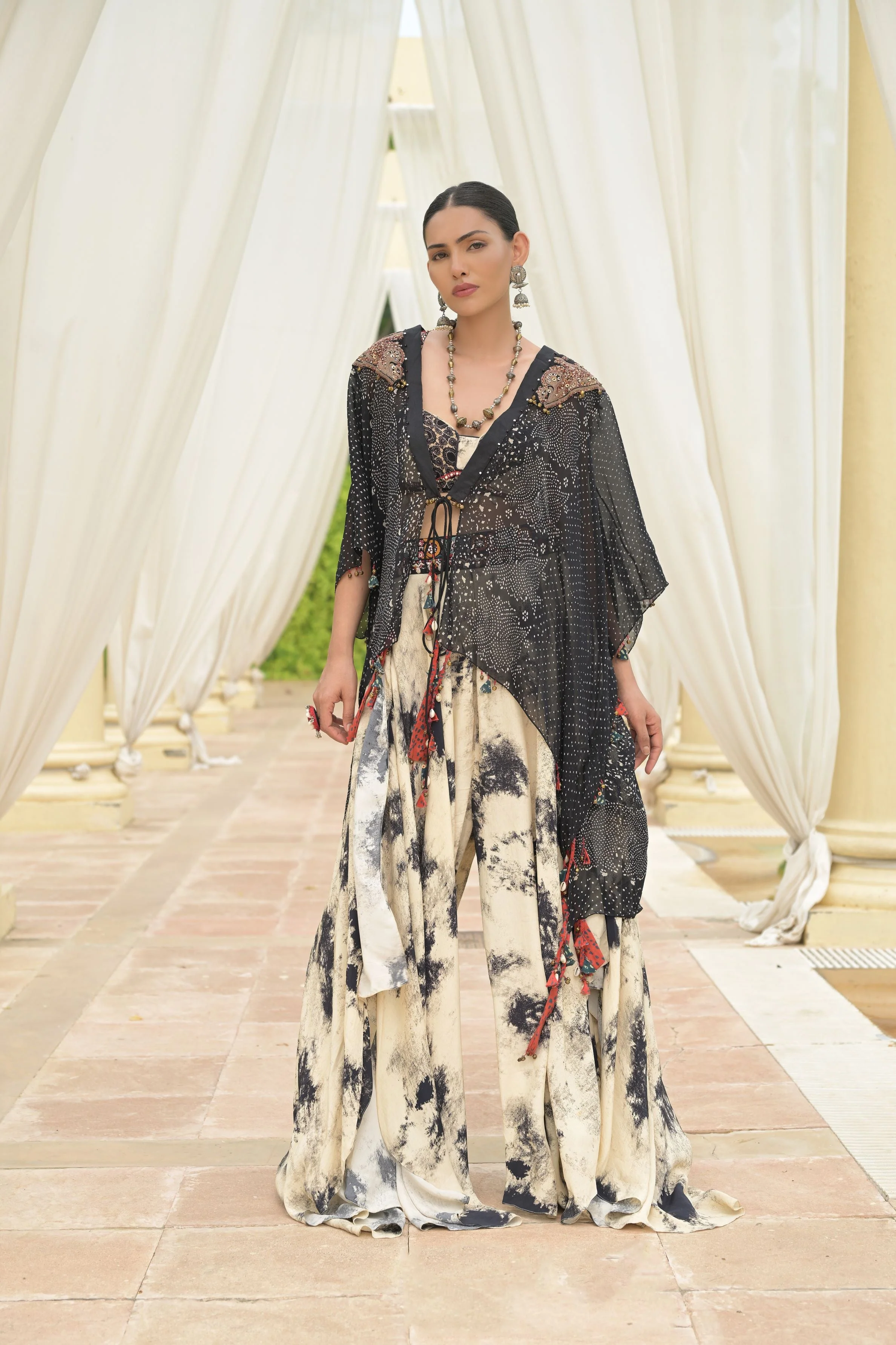 Black & White Printed Crepe Silk Cape Set - Image 3