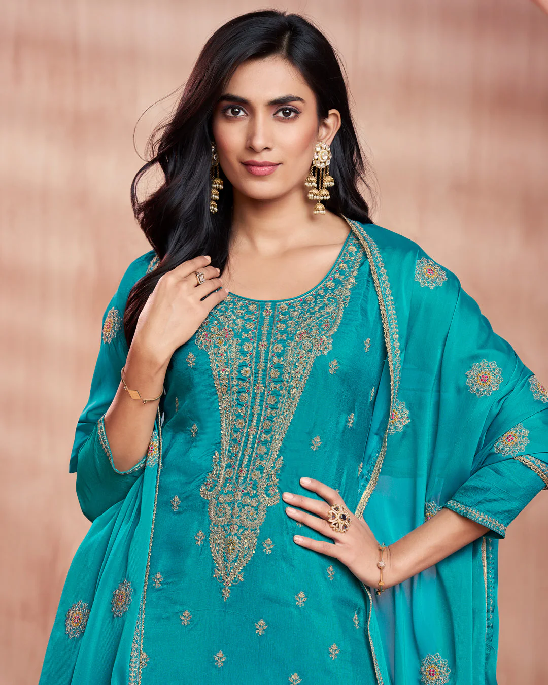 Cerulean Bloom Embellished Vichitra Silk Pant Set - Image 2