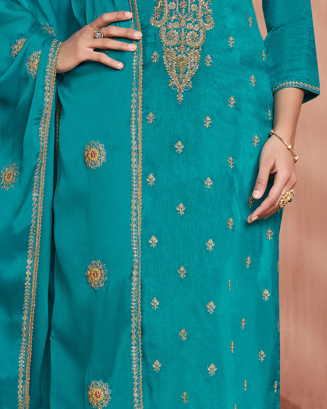 Cerulean Bloom Embellished Vichitra Silk Pant Set - Image 3