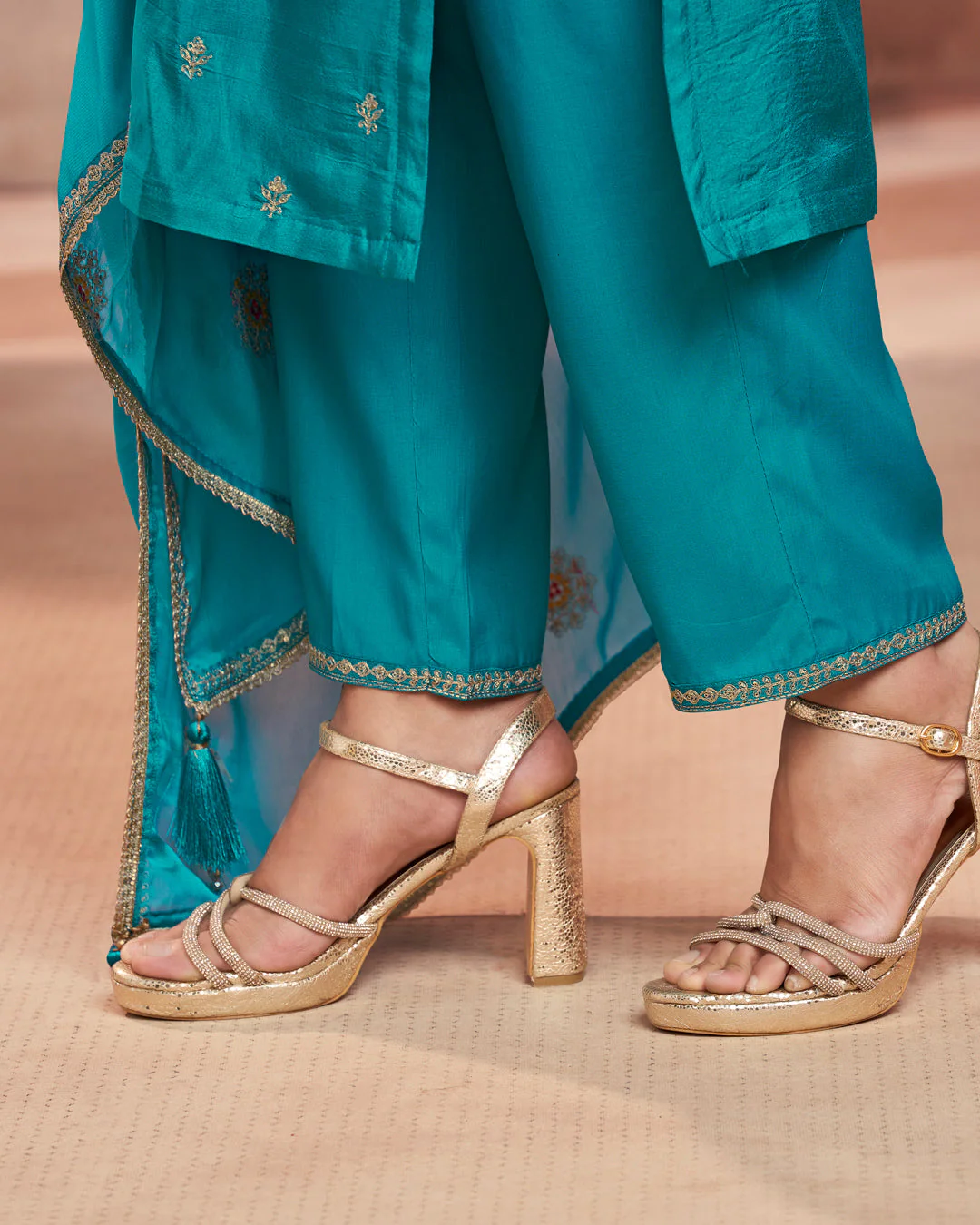 Cerulean Bloom Embellished Vichitra Silk Pant Set - Image 5