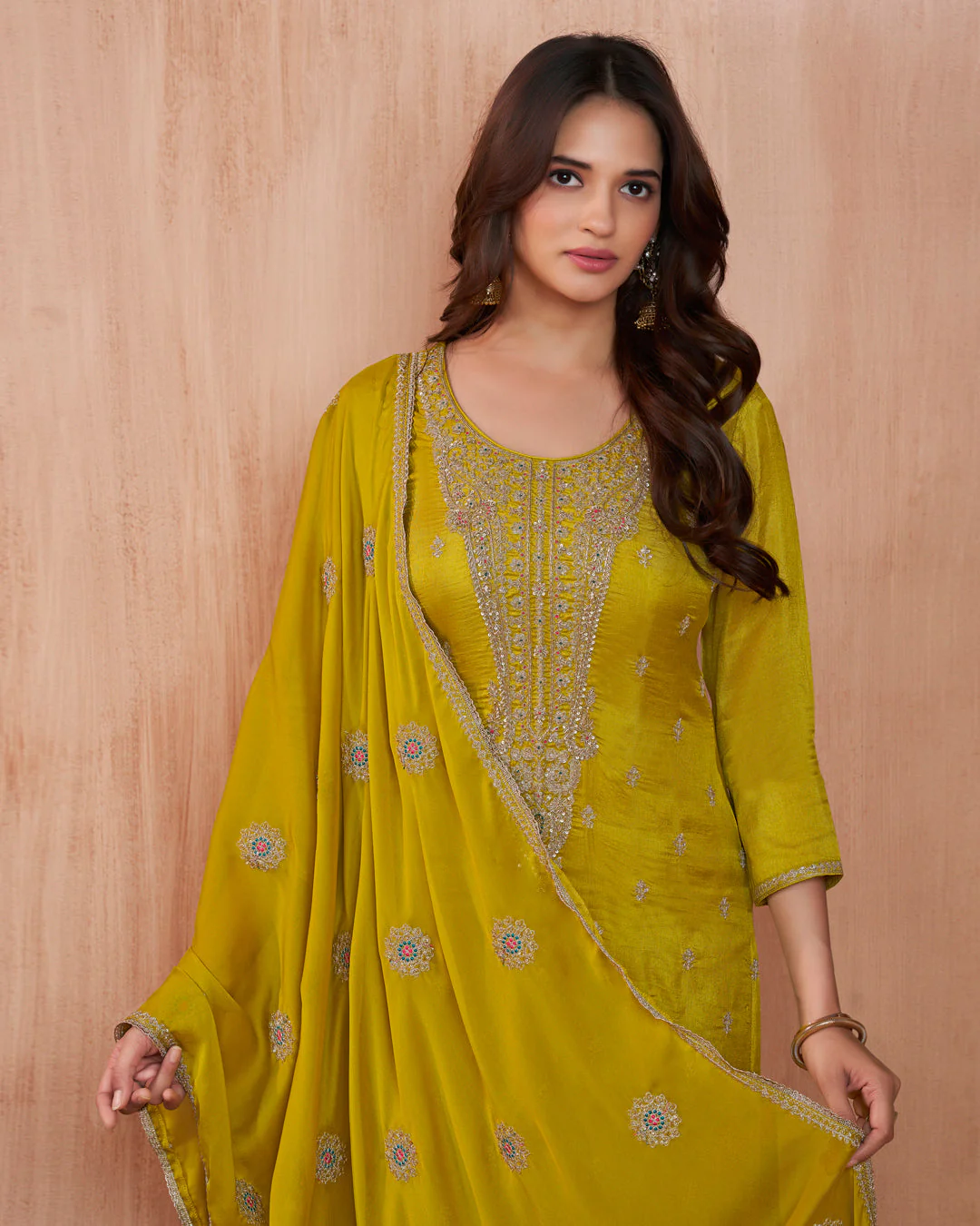 Citrine Bloom Embellished Vichitra Silk Pant Set - Image 4