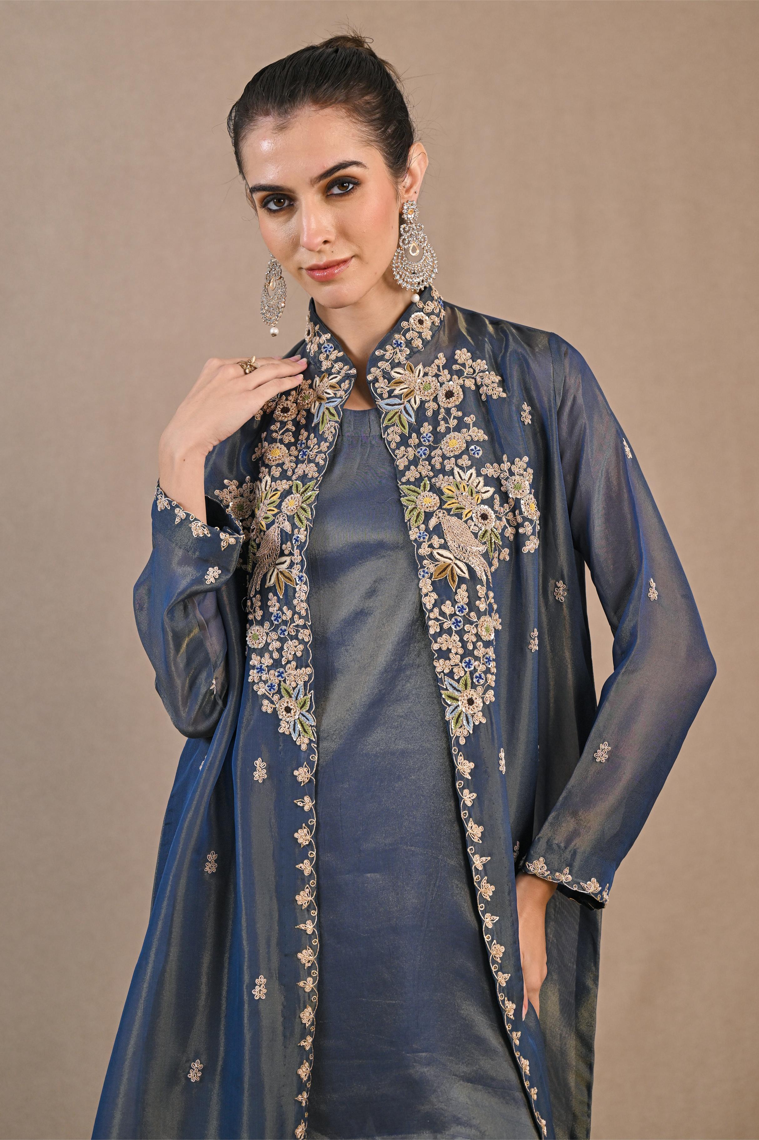 Blue Embellished Shimmer Silk Cape Set - Image 2