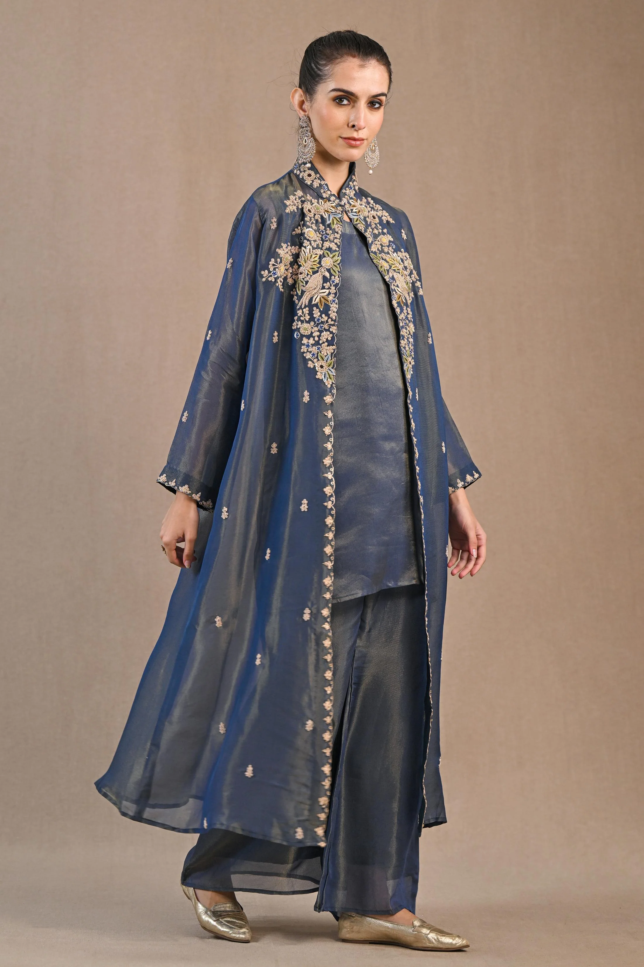 Blue Embellished Shimmer Silk Cape Set - Image 3