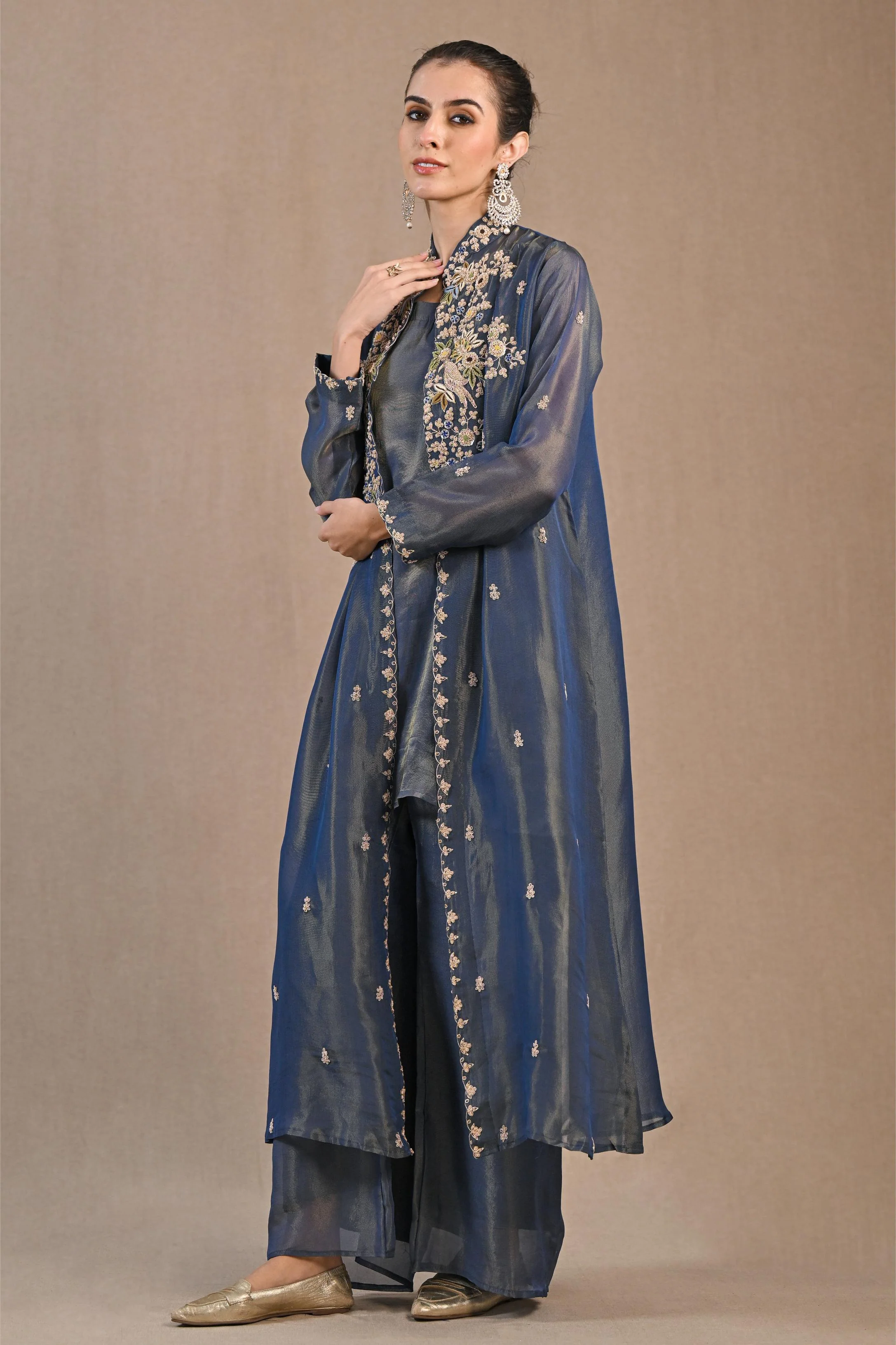 Blue Embellished Shimmer Silk Cape Set - Image 4