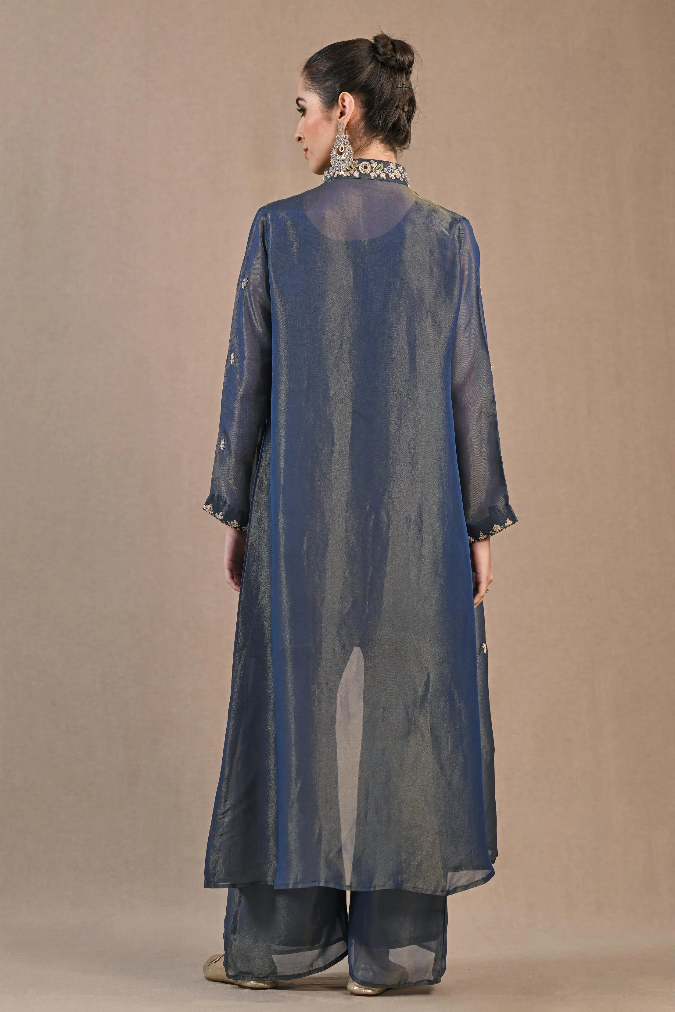 Blue Embellished Shimmer Silk Cape Set - Image 5