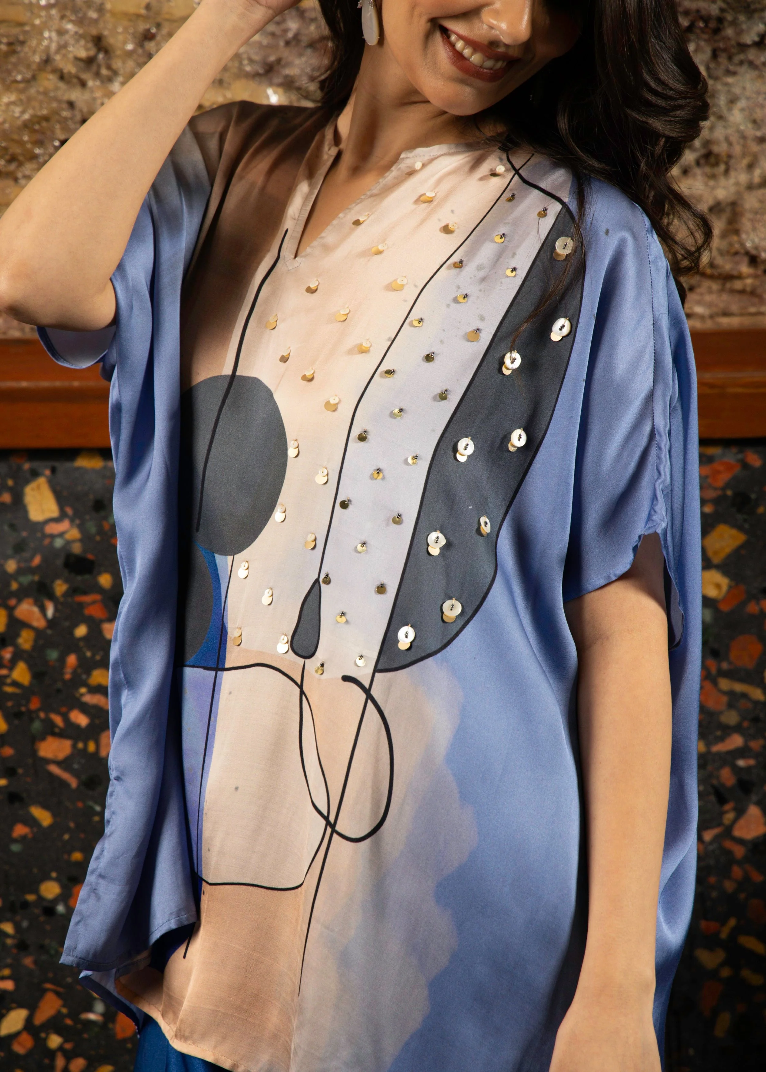 Blue Abstract Print Satin Silk Kaftan Set - Image 2