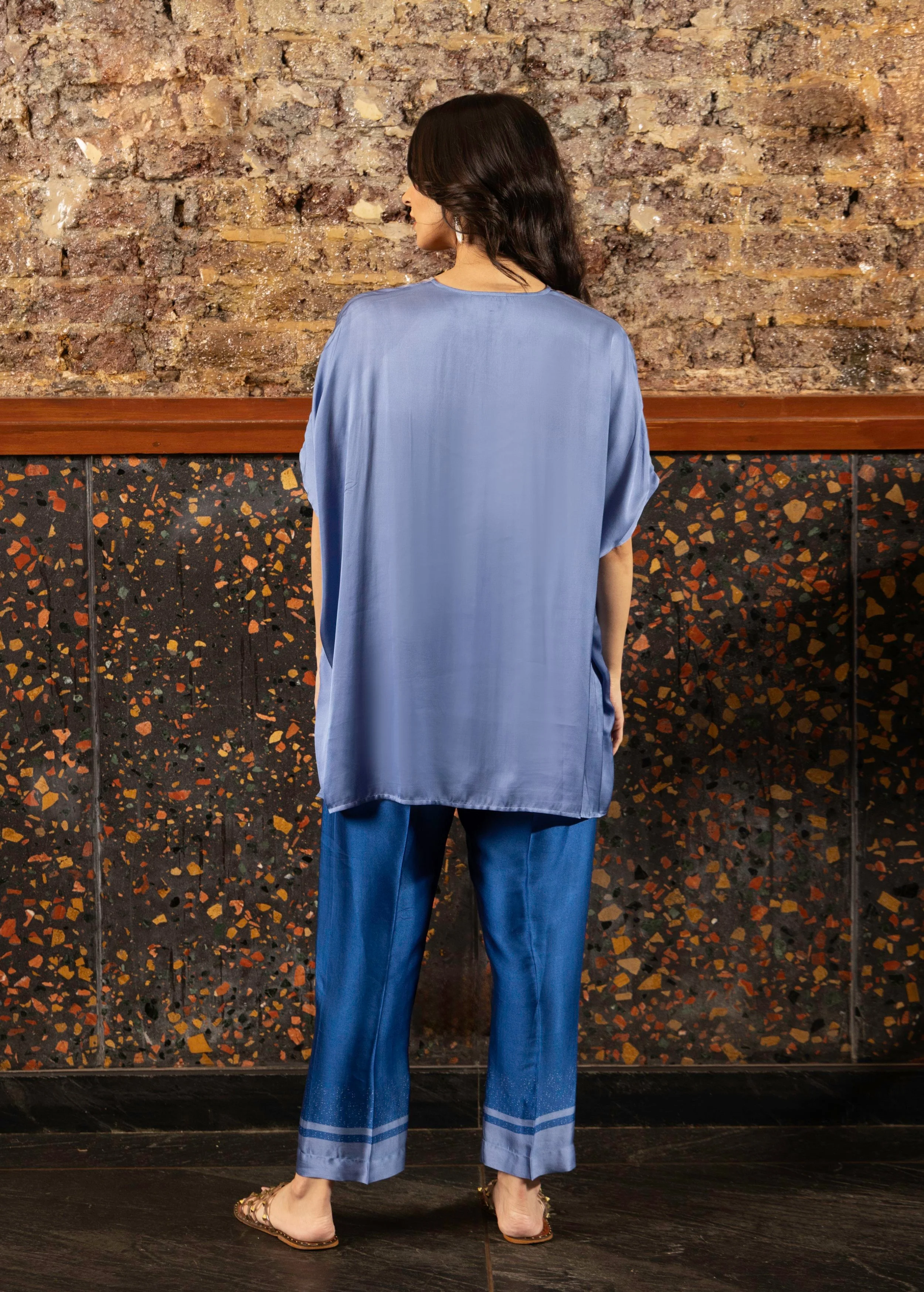 Blue Abstract Print Satin Silk Kaftan Set - Image 4