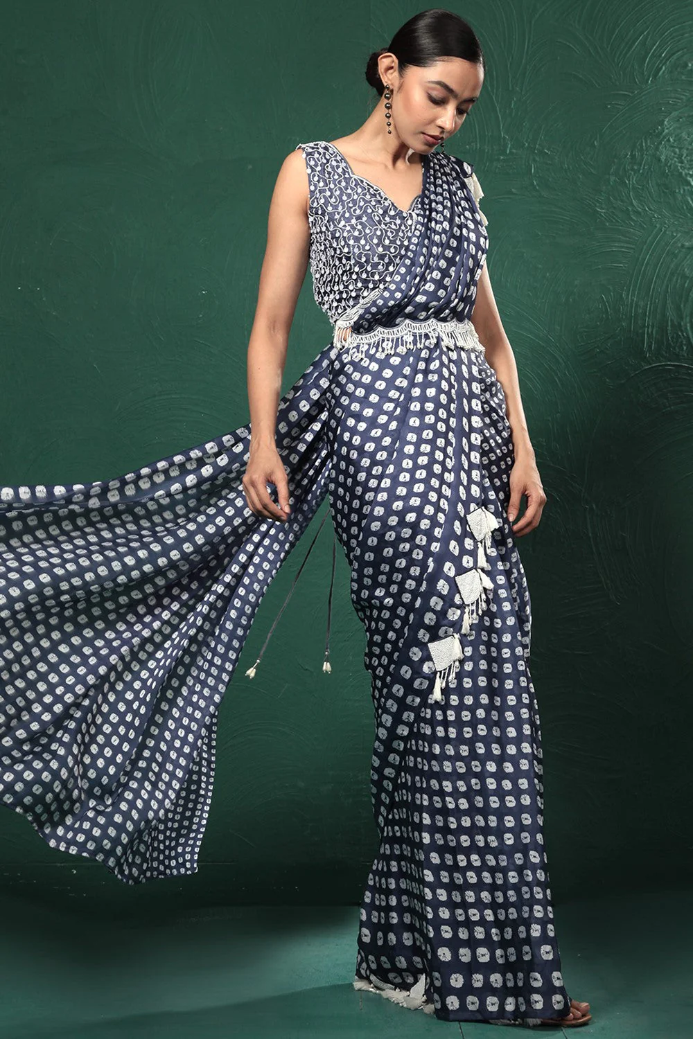 Blue Bandhani Satin Silk Saree - Image 2