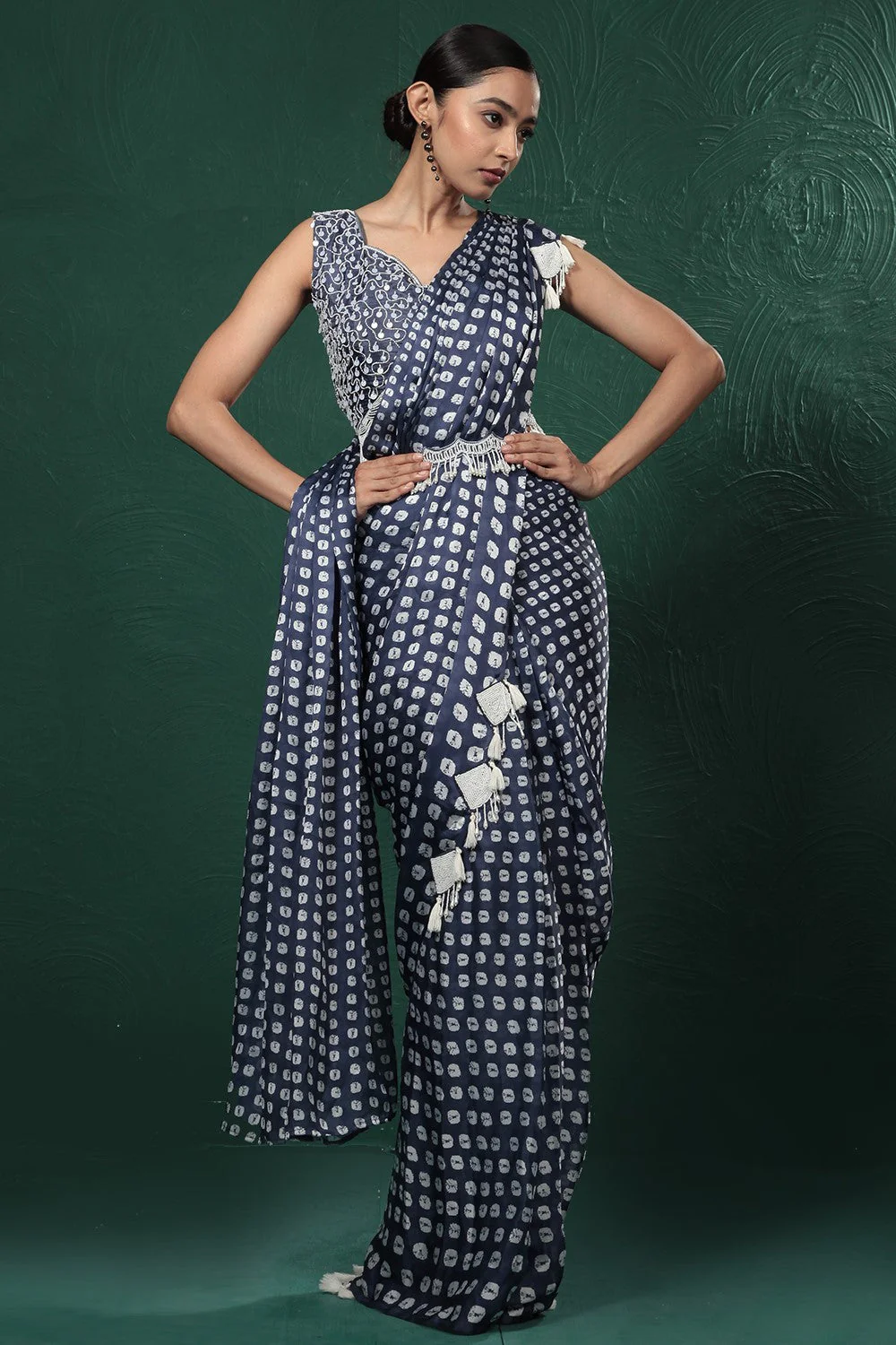 Blue Bandhani Satin Silk Saree - Image 3