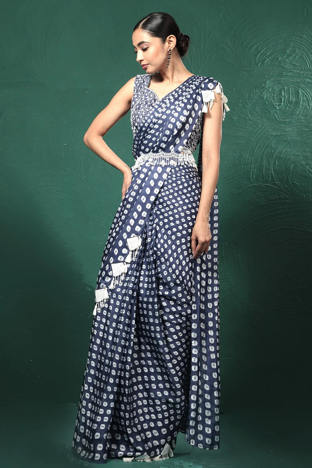 Blue Bandhani Satin Silk Saree - Image 4