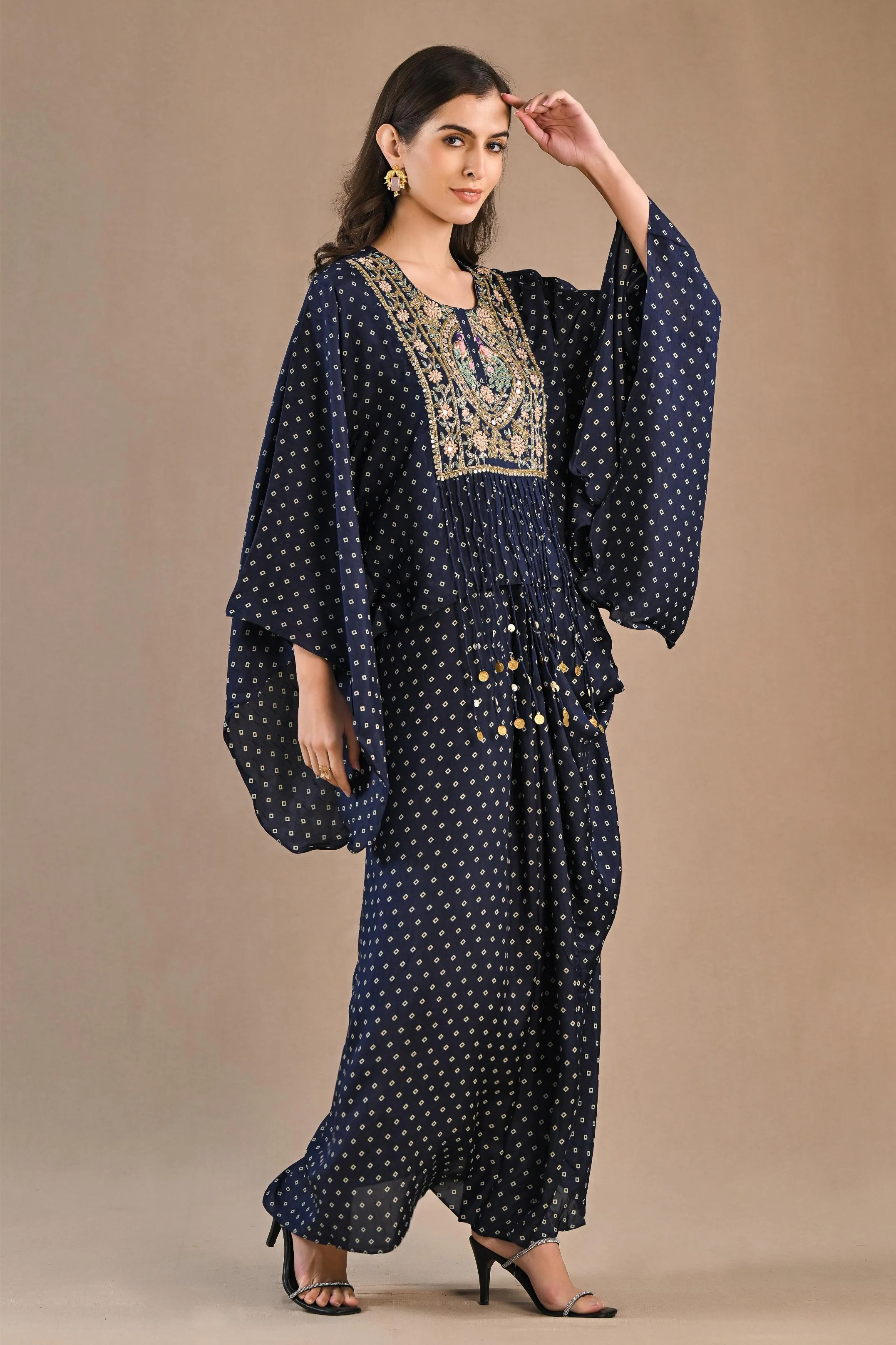 Blue Bandhej Printed Raw Silk Kaftan & Skirt Set - Image 3