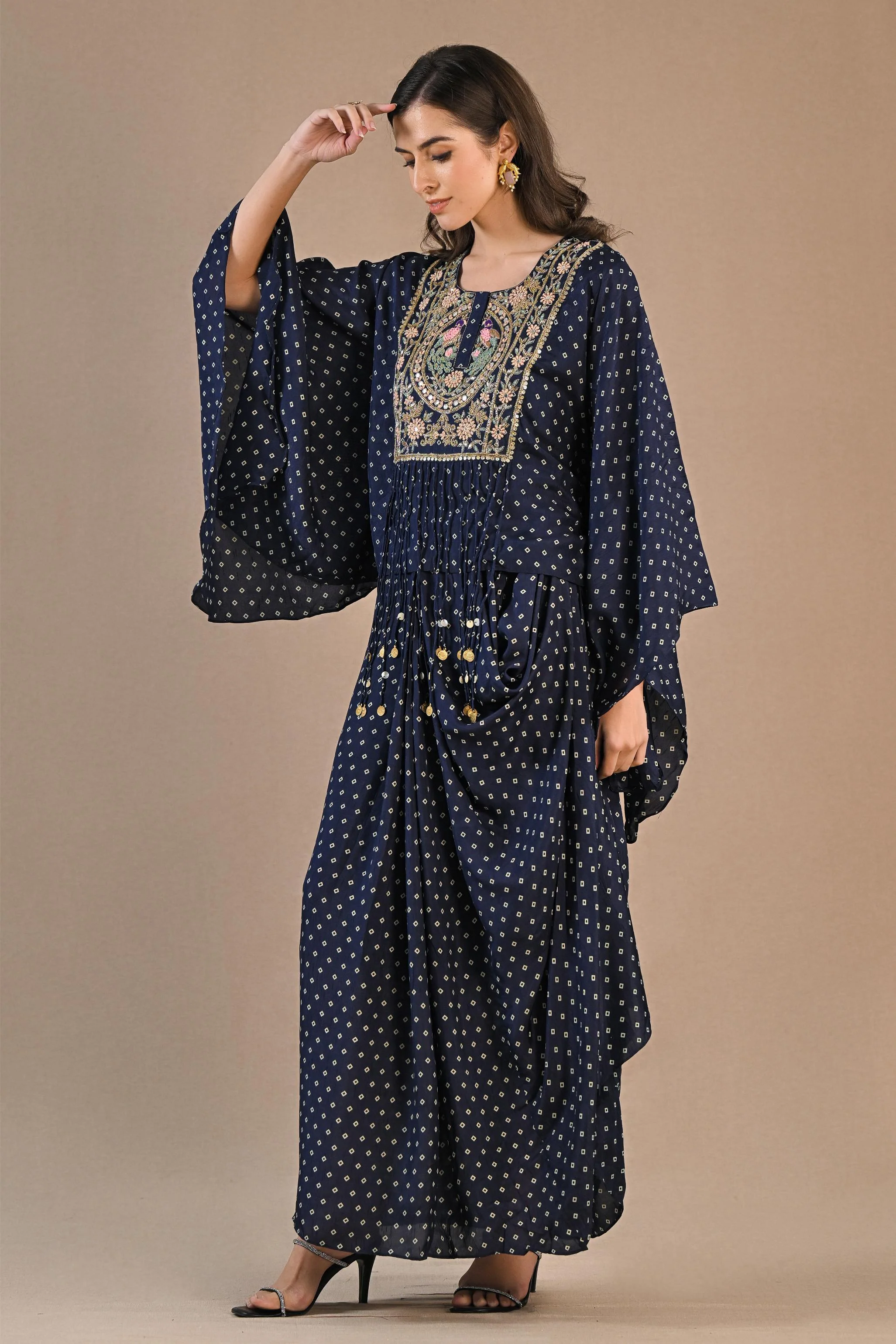 Blue Bandhej Printed Raw Silk Kaftan & Skirt Set - Image 4