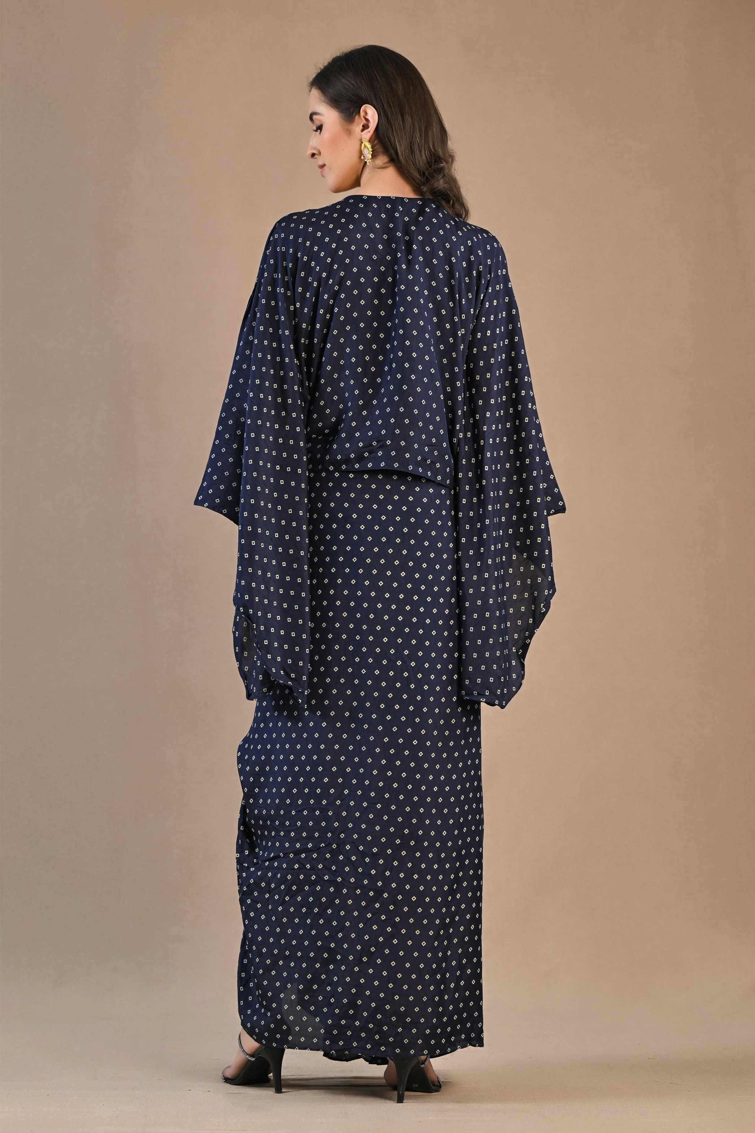 Blue Bandhej Printed Raw Silk Kaftan & Skirt Set - Image 5