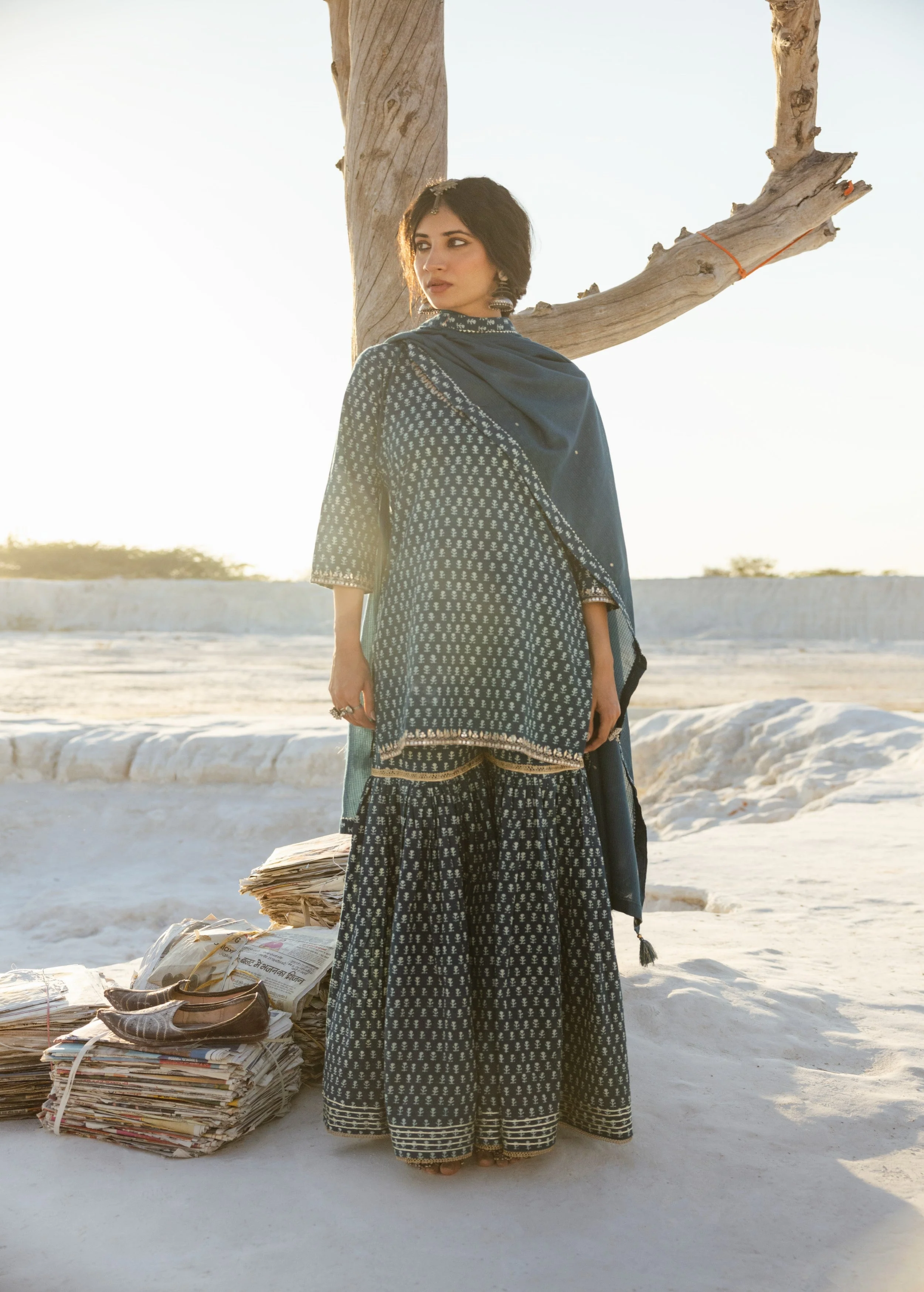 Teal Blue Block Printed Organic Cotton Sharara Set