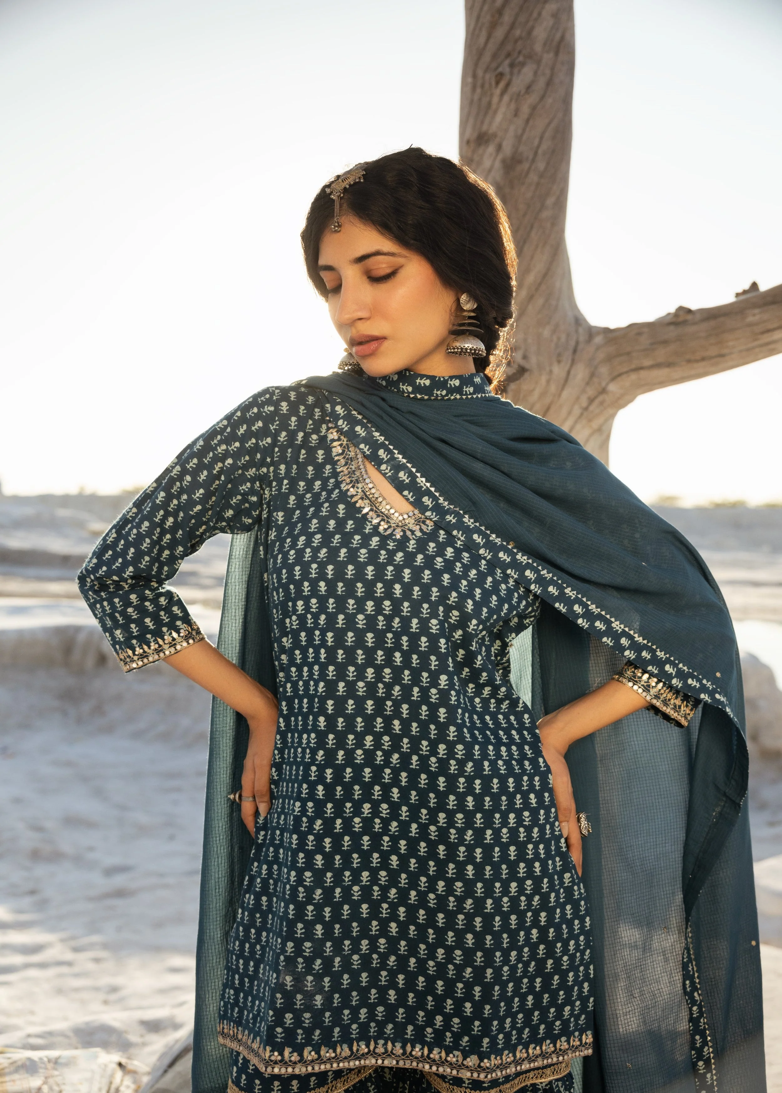 Teal Blue Block Printed Organic Cotton Sharara Set - Image 2