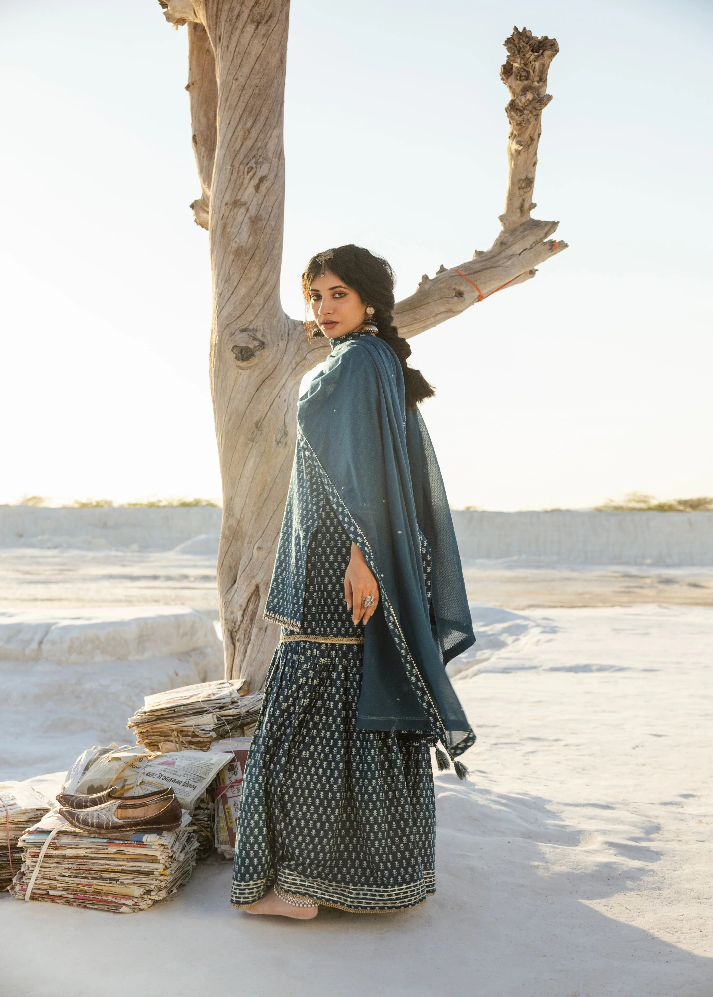 Teal Blue Block Printed Organic Cotton Sharara Set - Image 3