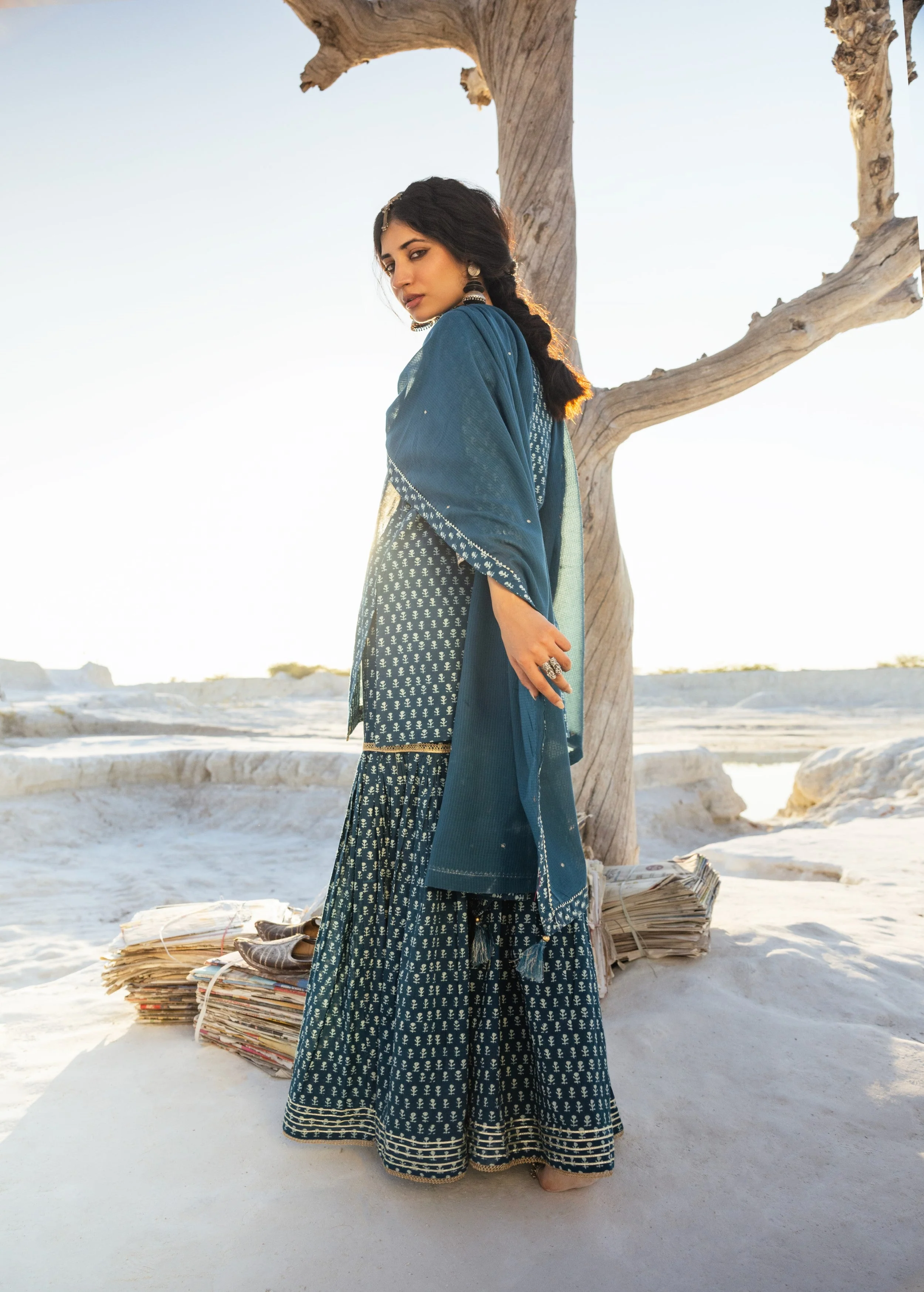 Teal Blue Block Printed Organic Cotton Sharara Set - Image 4