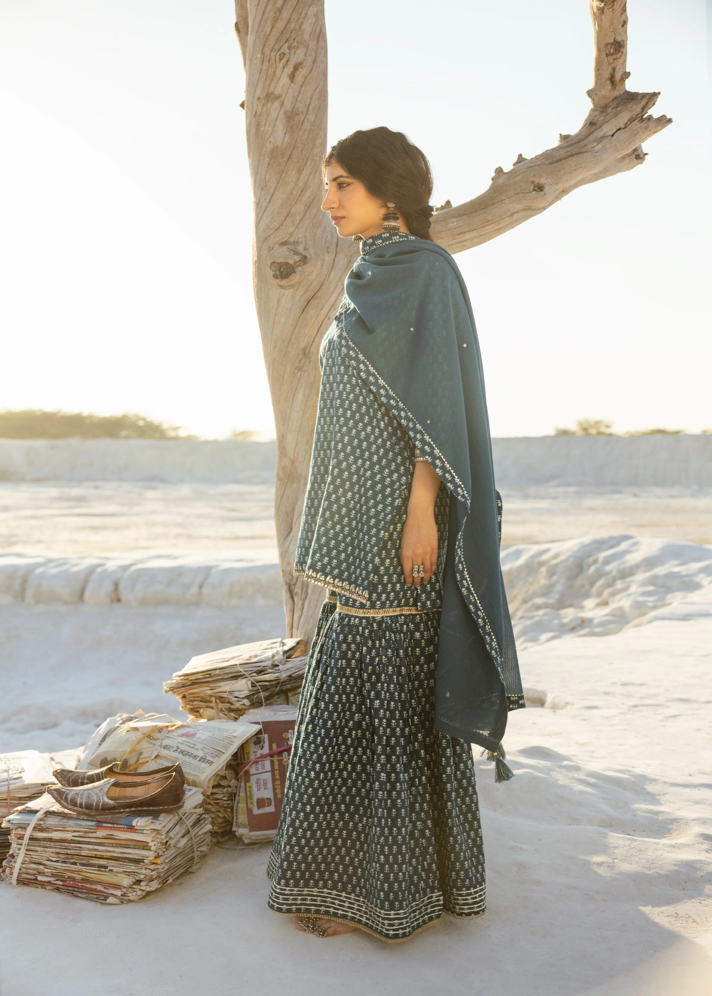 Teal Blue Block Printed Organic Cotton Sharara Set - Image 5