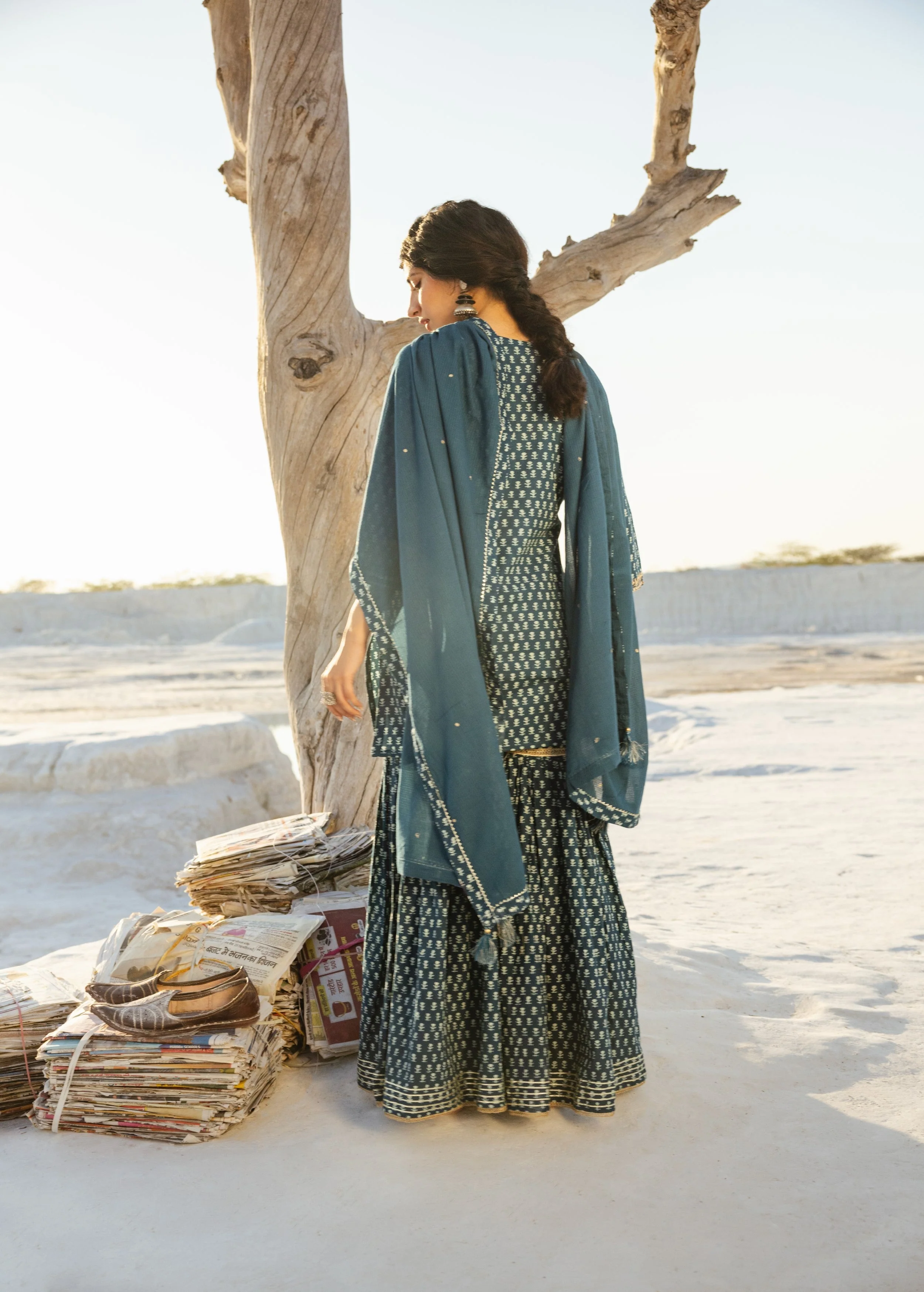 Teal Blue Block Printed Organic Cotton Sharara Set - Image 6