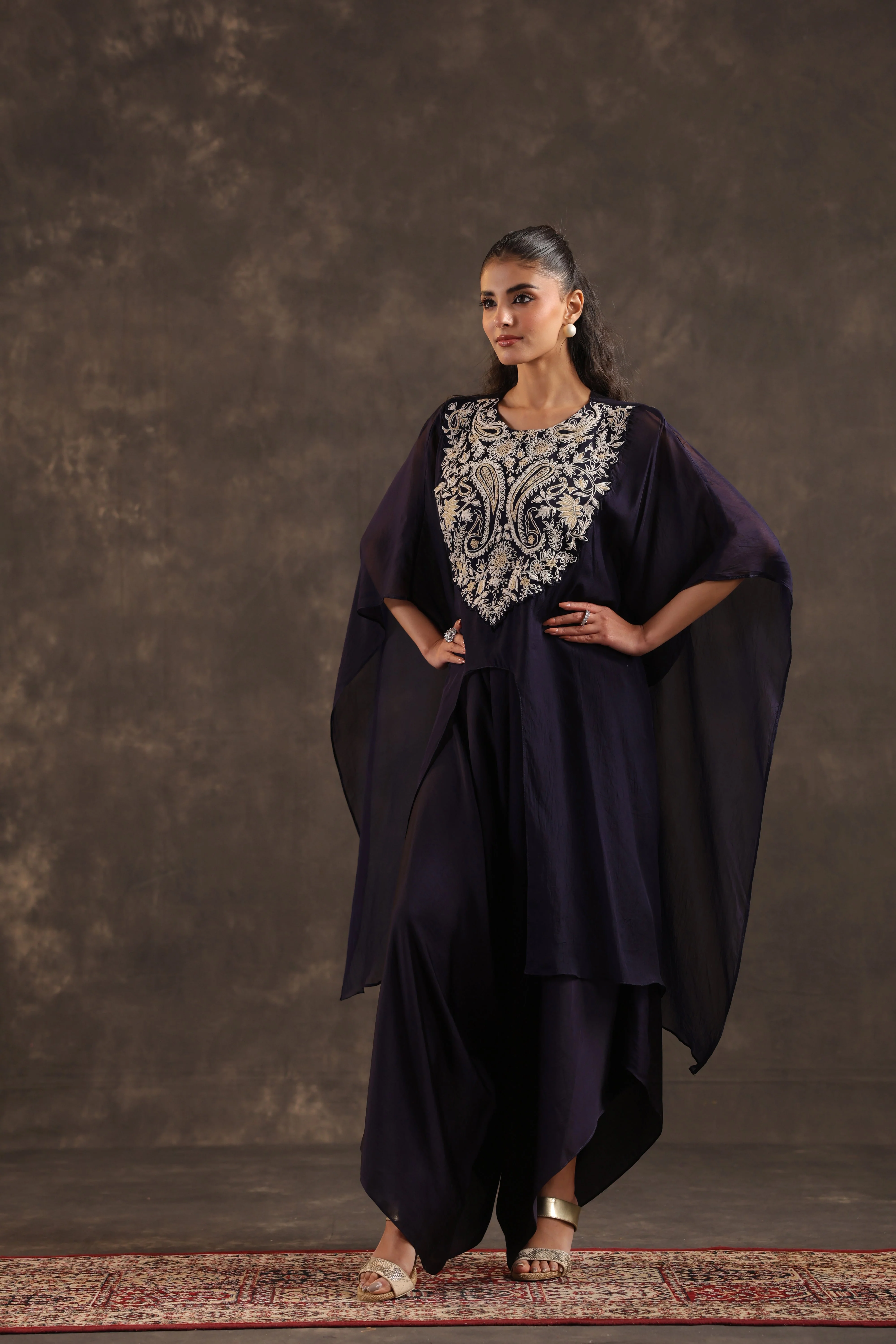 Blue Cape Embellished Organza Silk Kurta Set