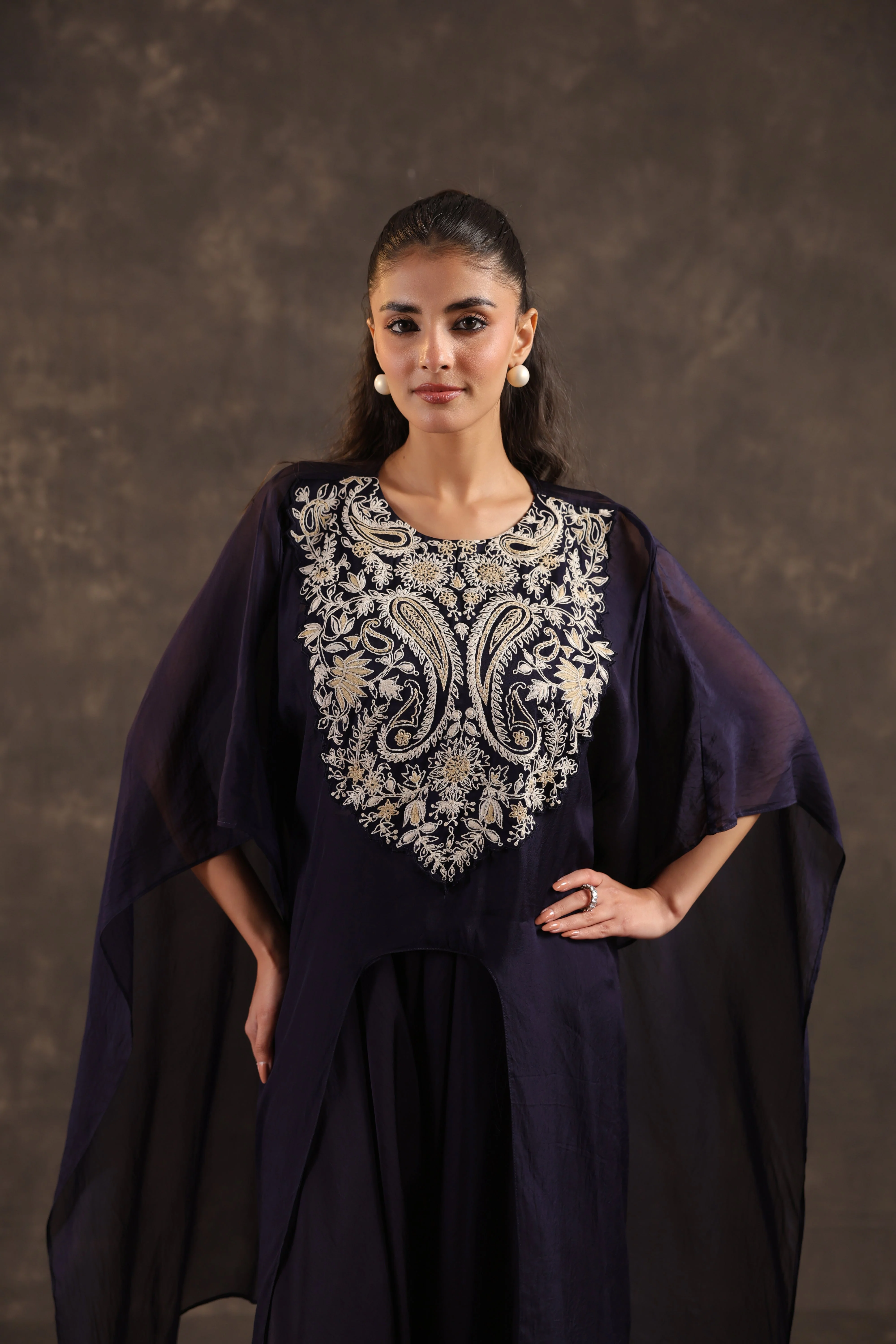 Blue Cape Embellished Organza Silk Kurta Set - Image 2