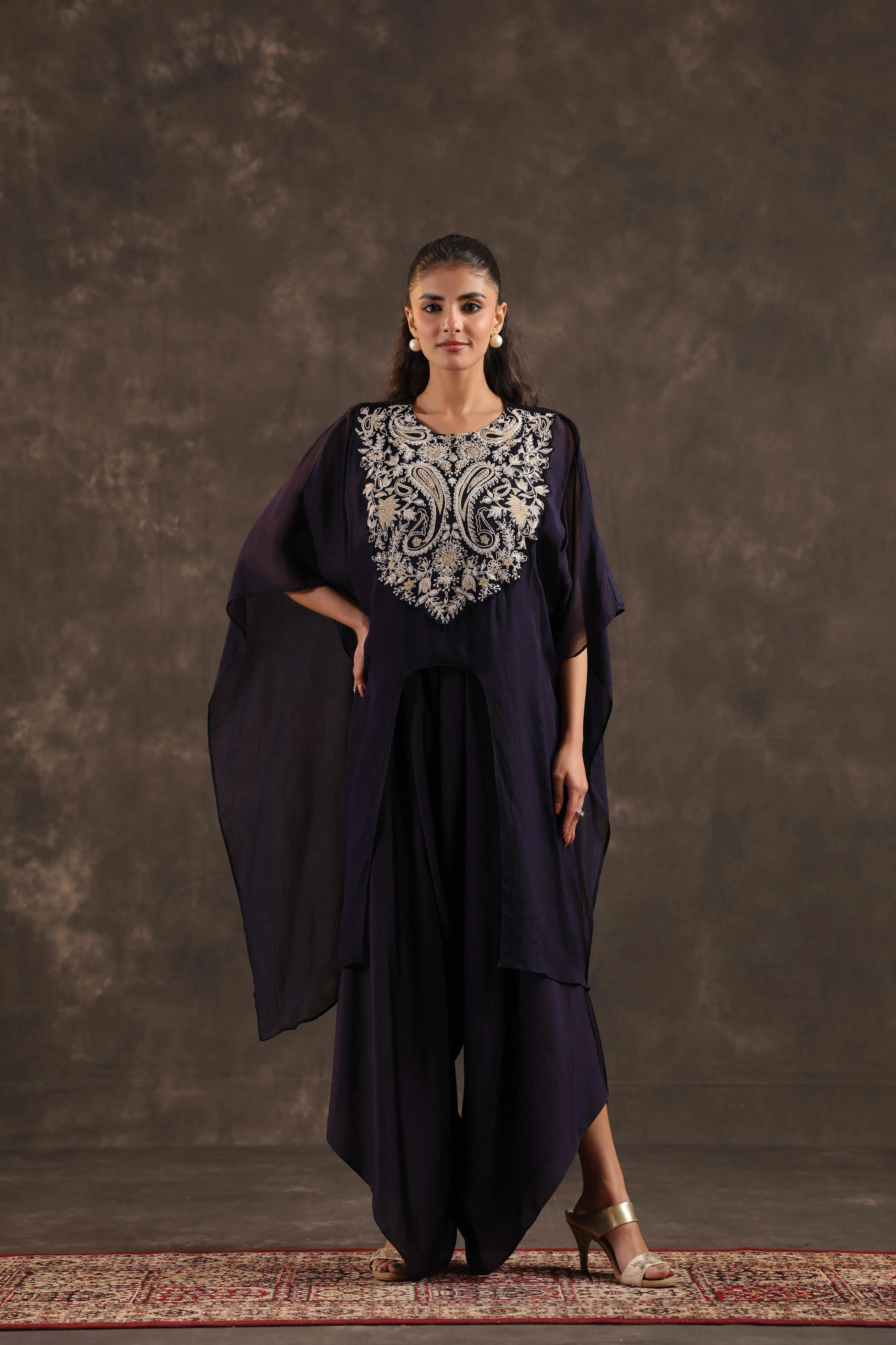 Blue Cape Embellished Organza Silk Kurta Set - Image 3
