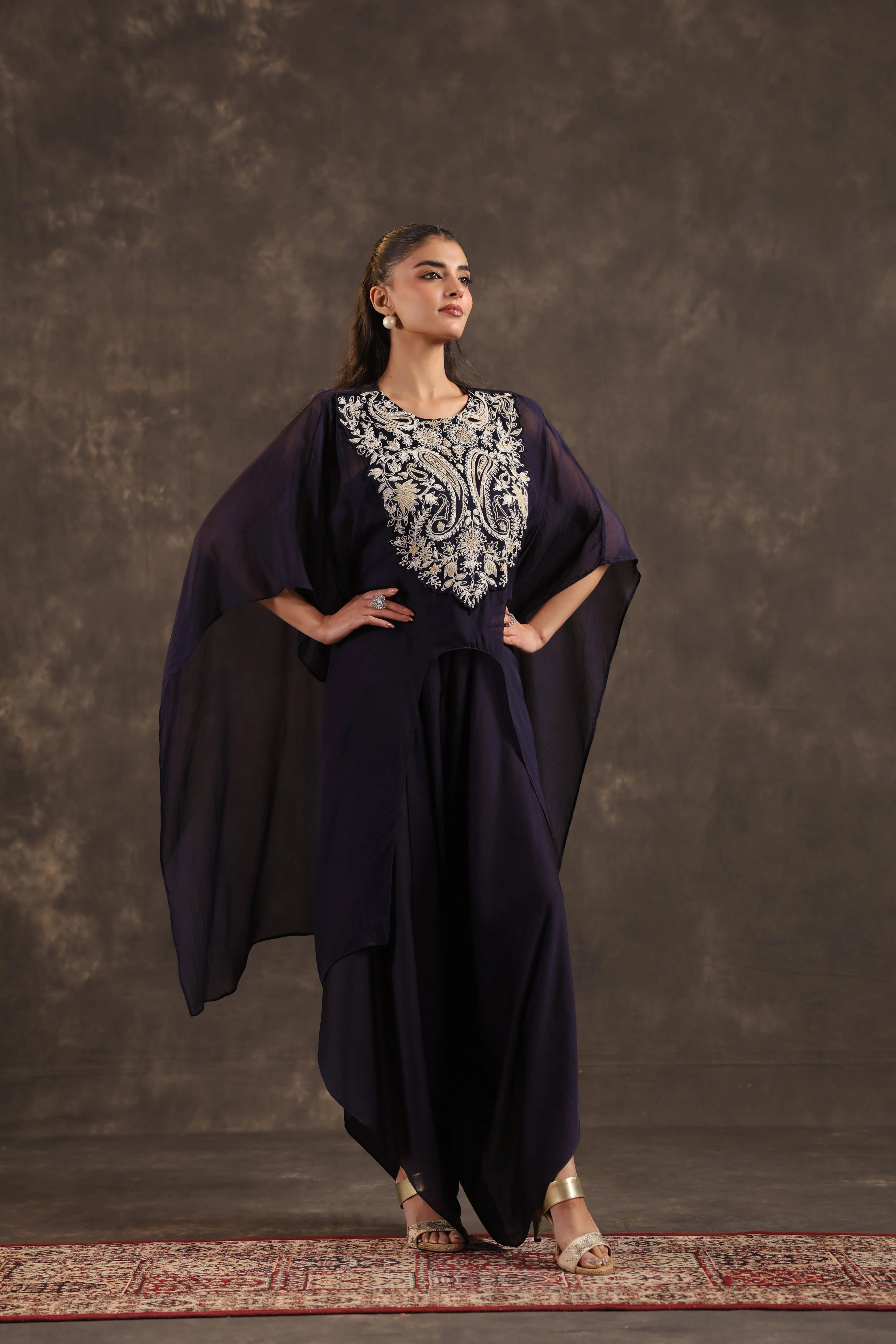 Blue Cape Embellished Organza Silk Kurta Set - Image 4