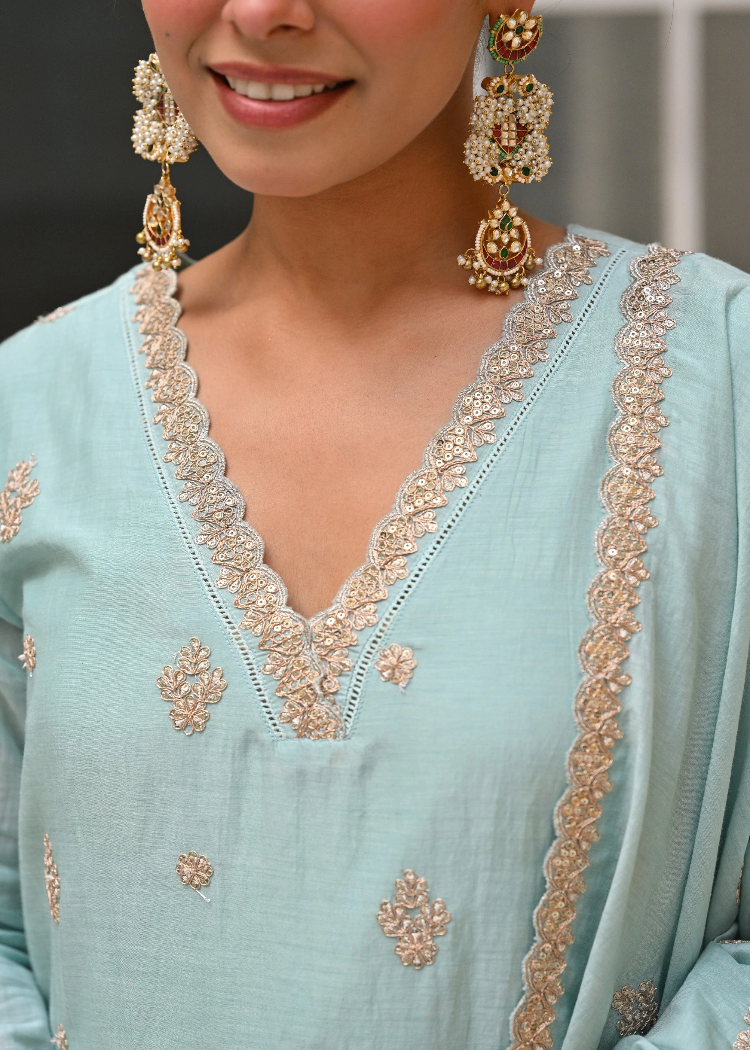 Light Blue Embellished Mul-Chanderi Silk Pant Set - Image 2