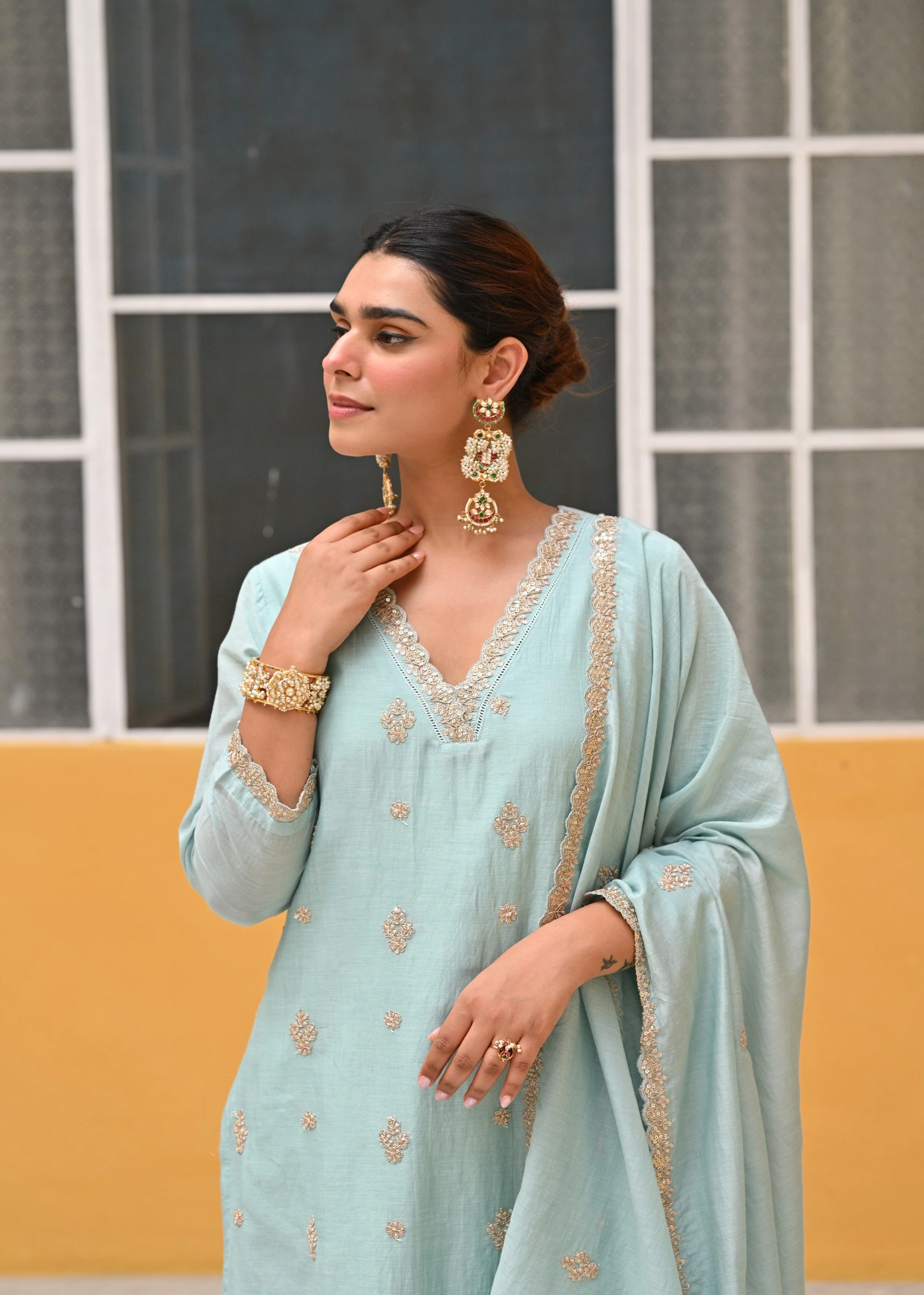 Light Blue Embellished Mul-Chanderi Silk Pant Set - Image 3