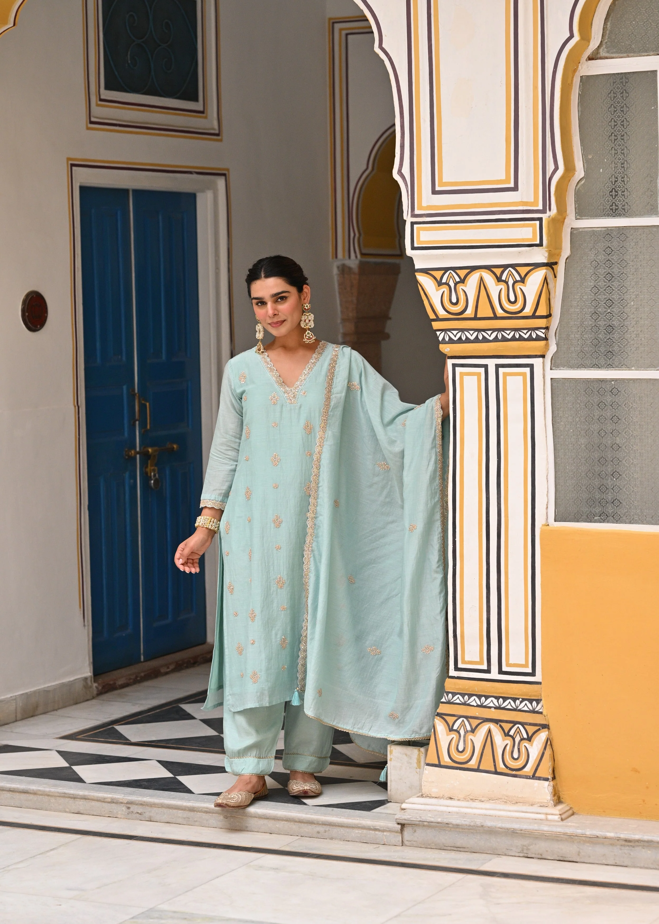Light Blue Embellished Mul-Chanderi Silk Pant Set - Image 4