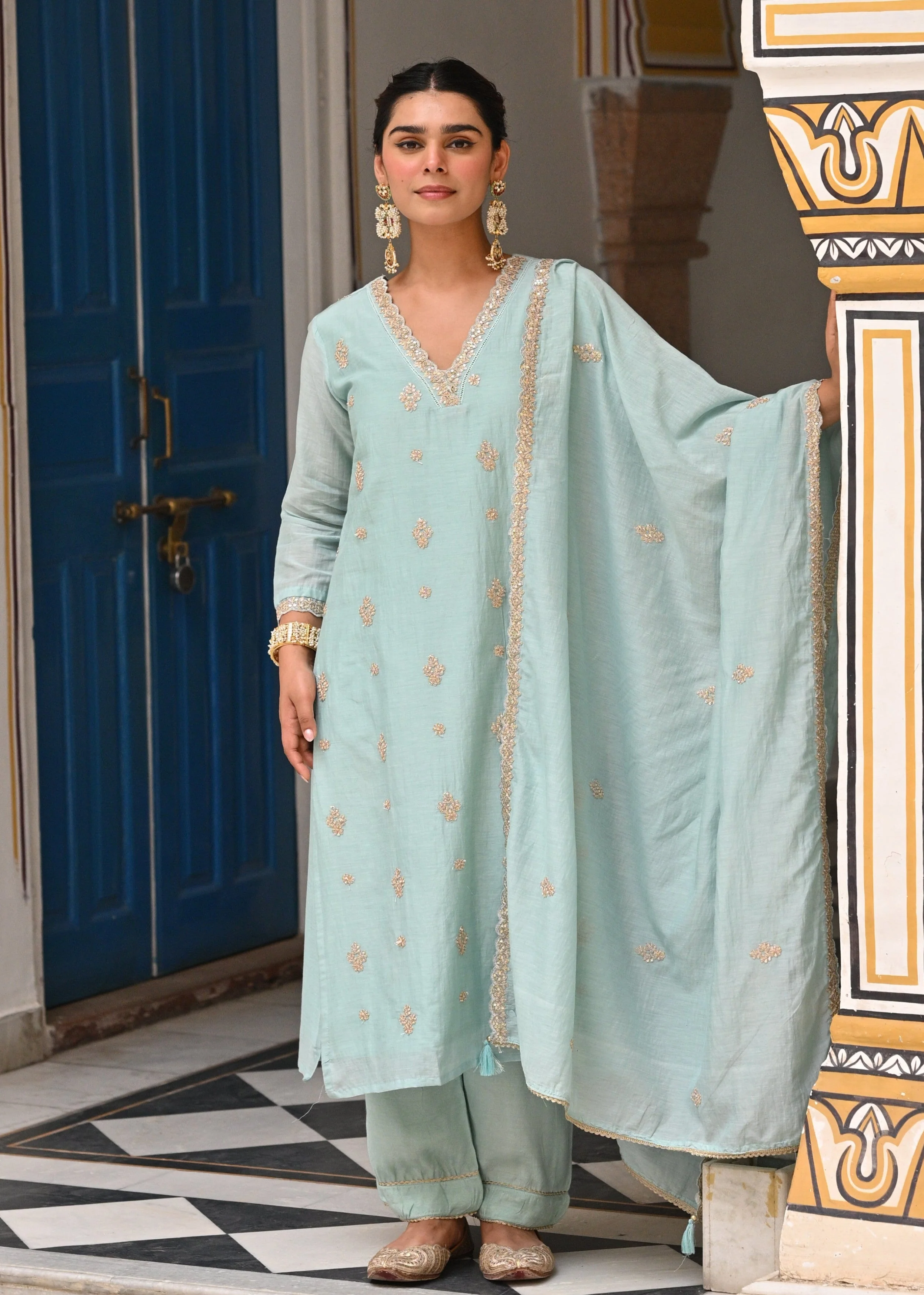 Light Blue Embellished Mul-Chanderi Silk Pant Set - Image 5