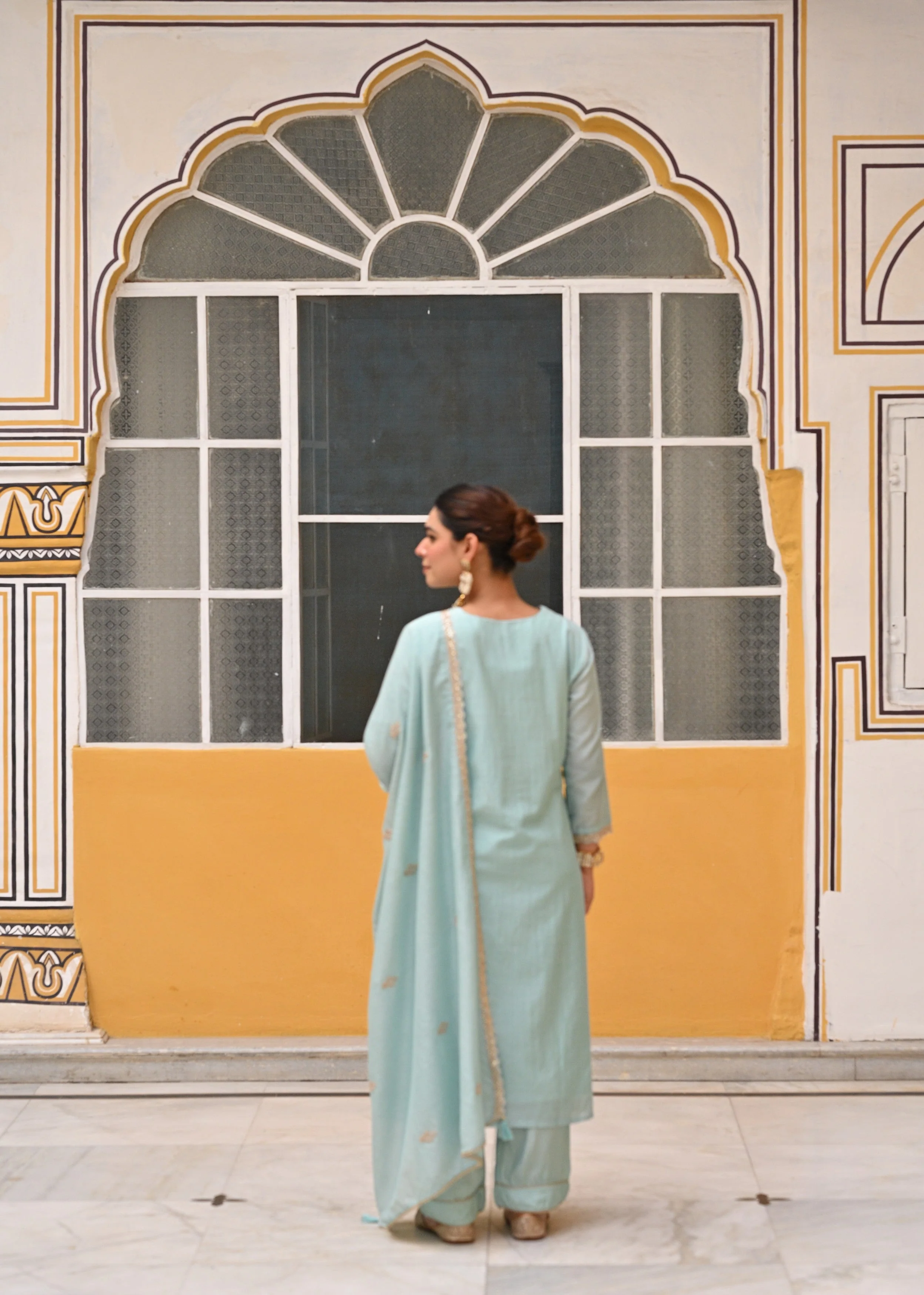 Light Blue Embellished Mul-Chanderi Silk Pant Set - Image 7