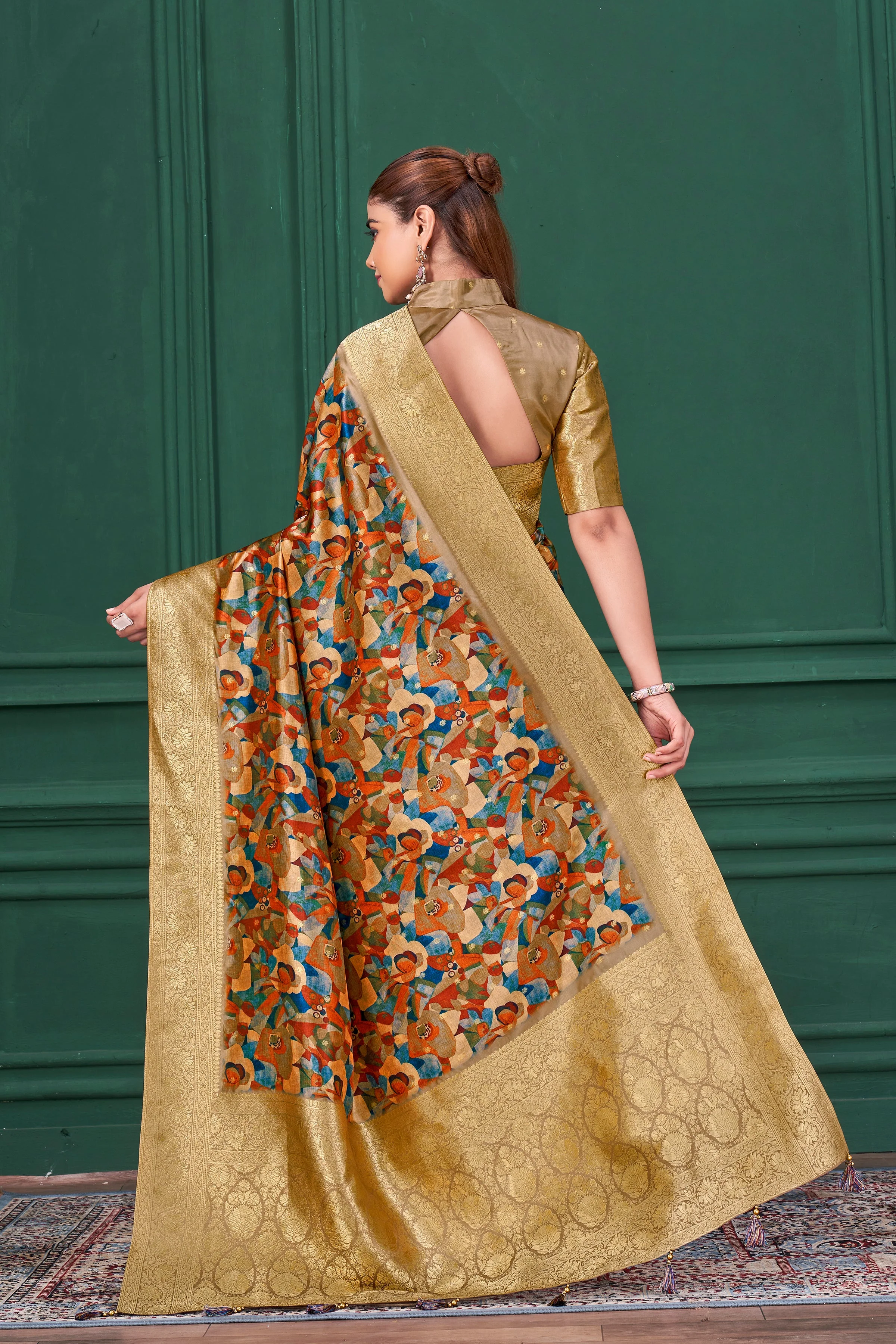 Multicolor Digital Printed Tussar Silk Saree - Image 3