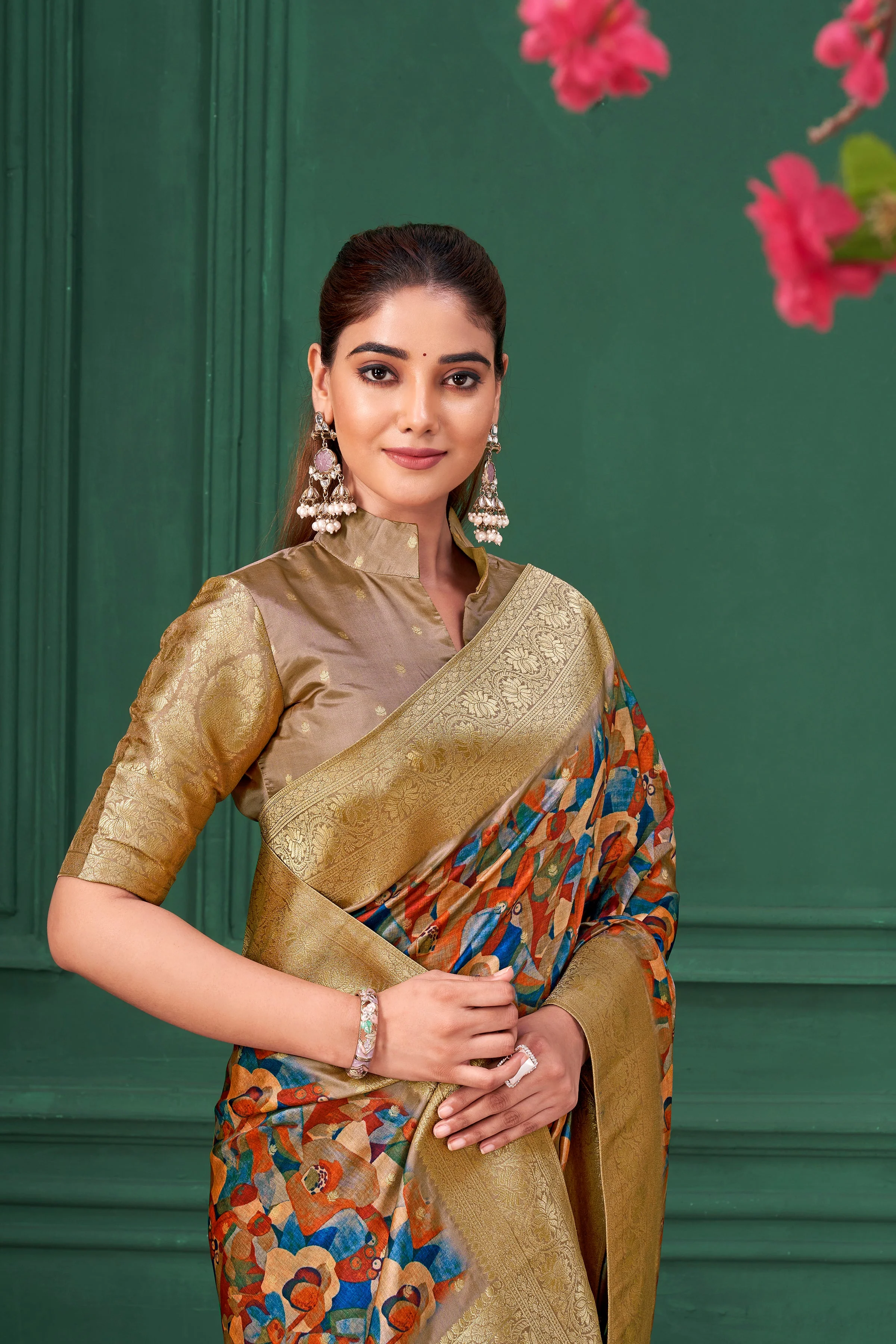 Multicolor Digital Printed Tussar Silk Saree - Image 5