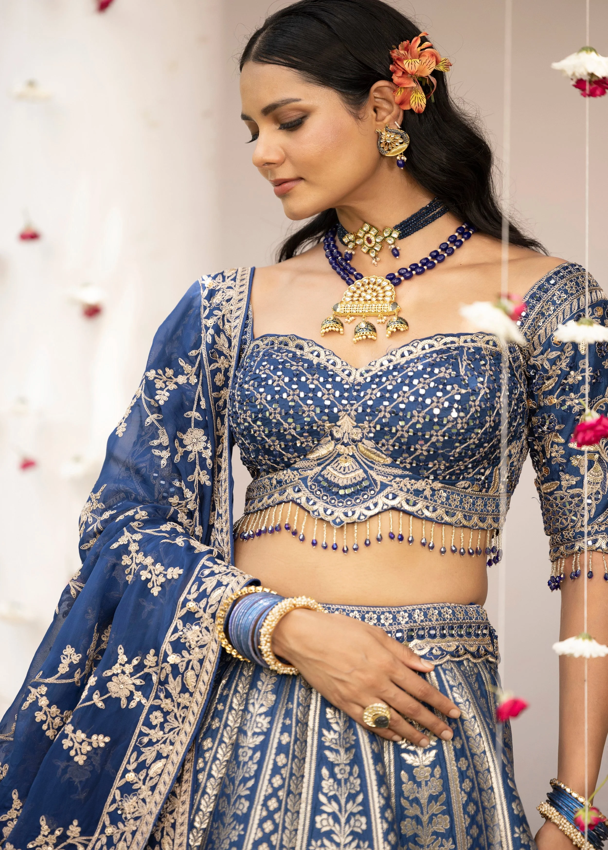 Cobalt Blue Embellished Banarasi Silk Lehenga Set - Image 2