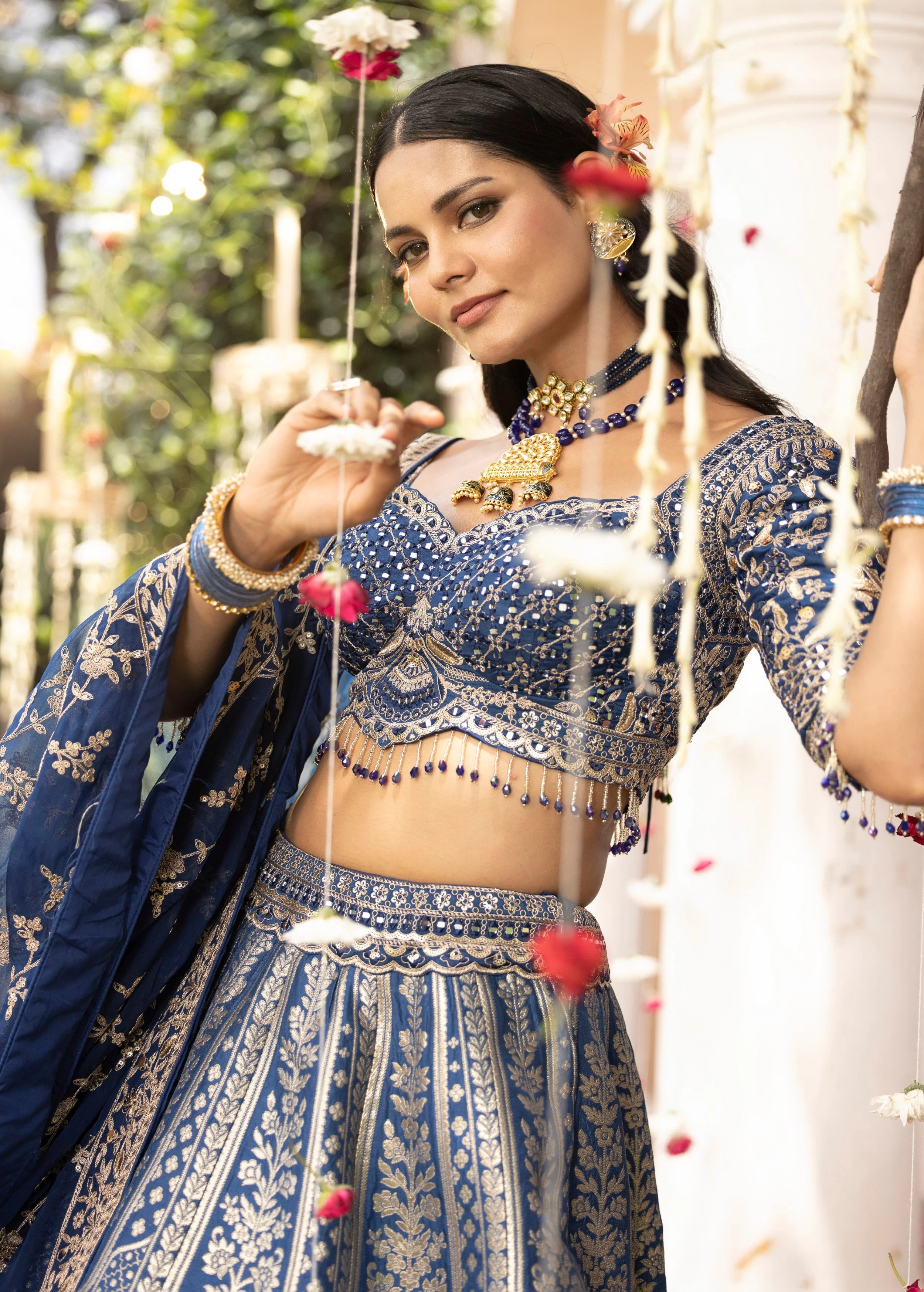 Cobalt Blue Embellished Banarasi Silk Lehenga Set - Image 3