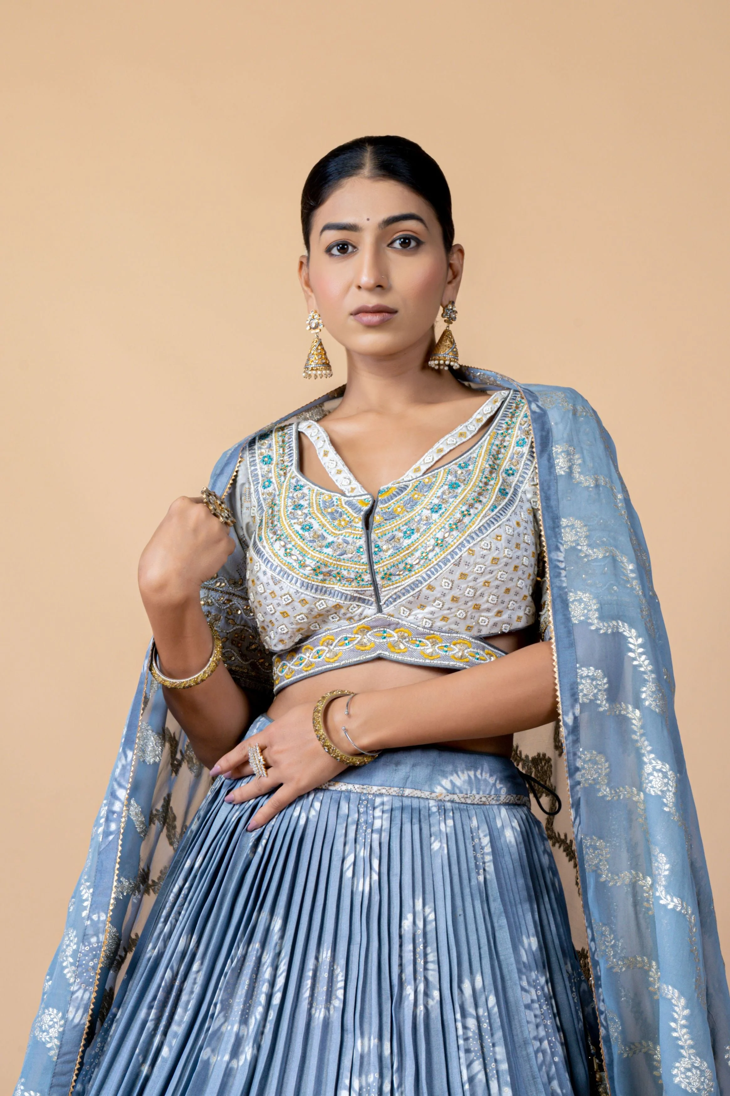 Powder Blue Embellished Brocade Silk Lehenga Set - Image 2