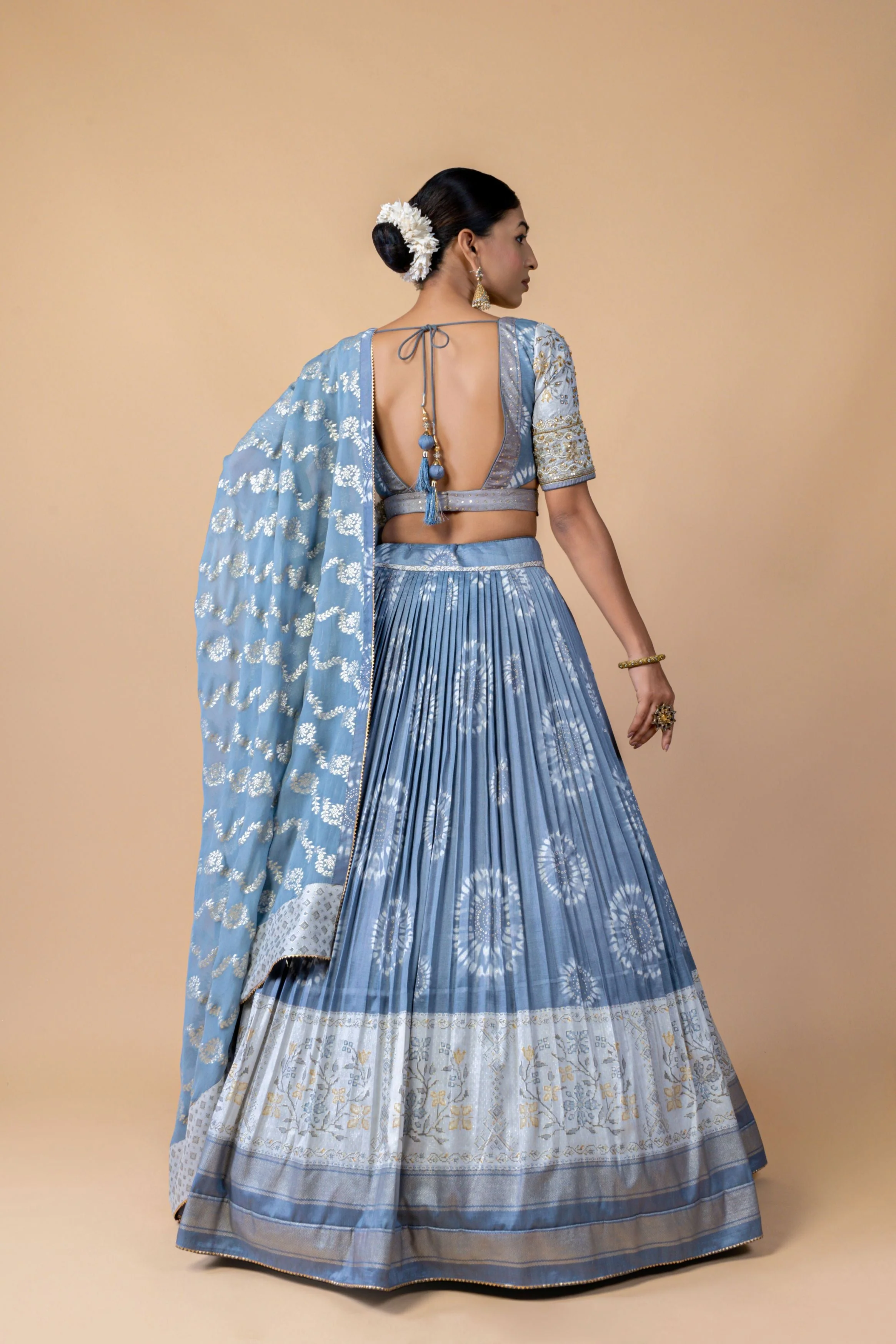 Powder Blue Embellished Brocade Silk Lehenga Set - Image 3