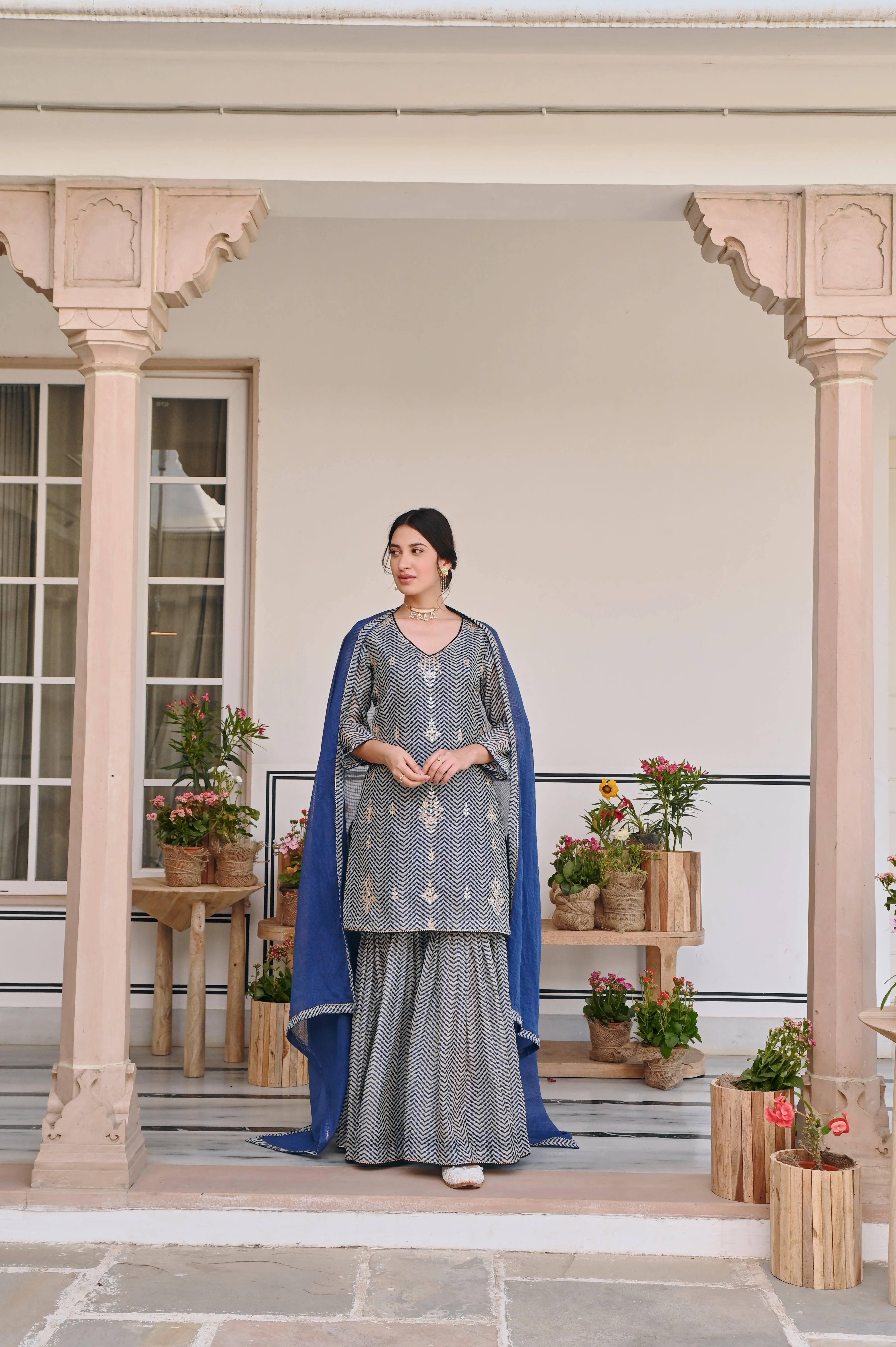 Blue Embellished Chanderi Silk Sharara Set - Image 3