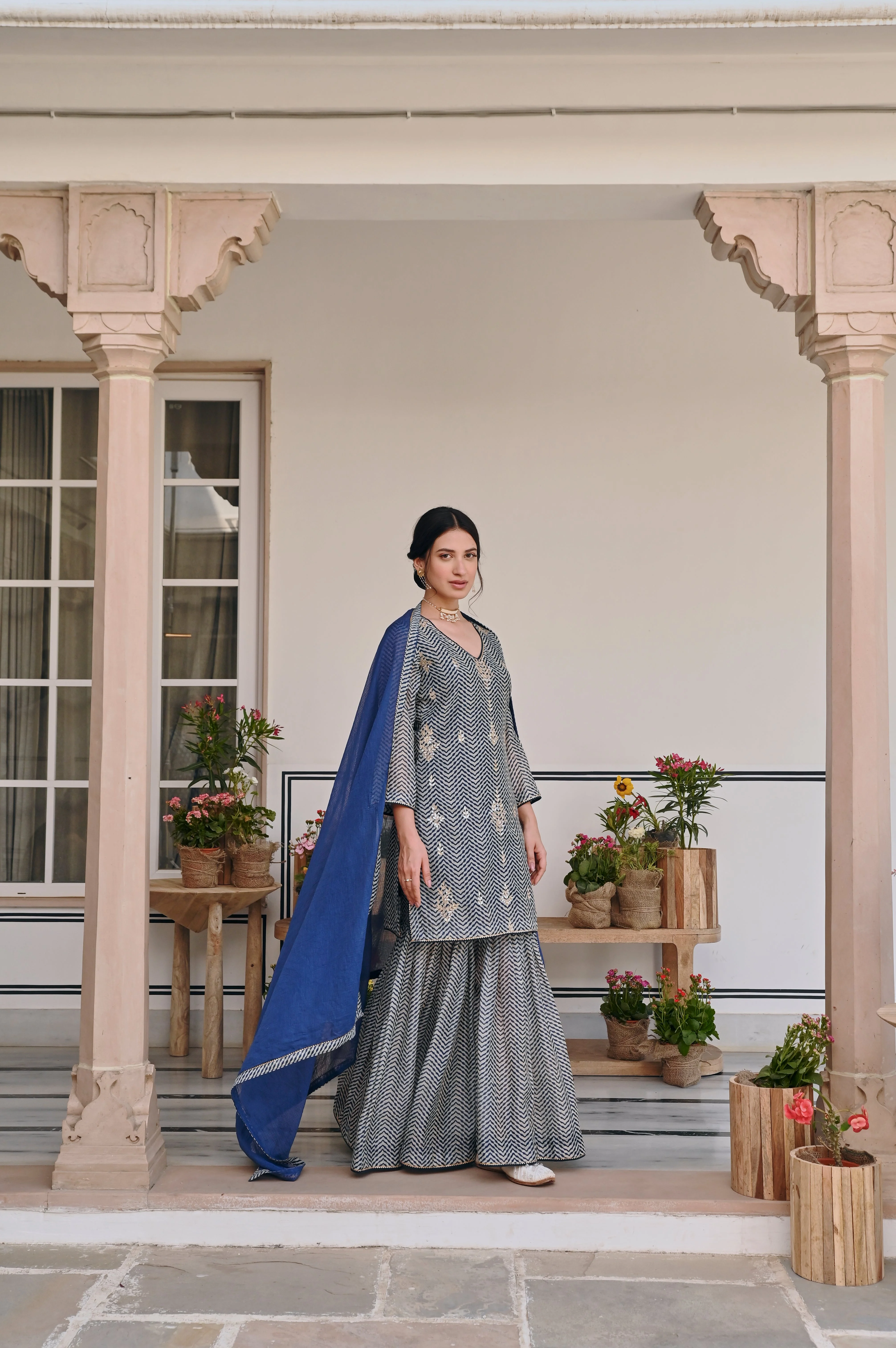 Blue Embellished Chanderi Silk Sharara Set - Image 4