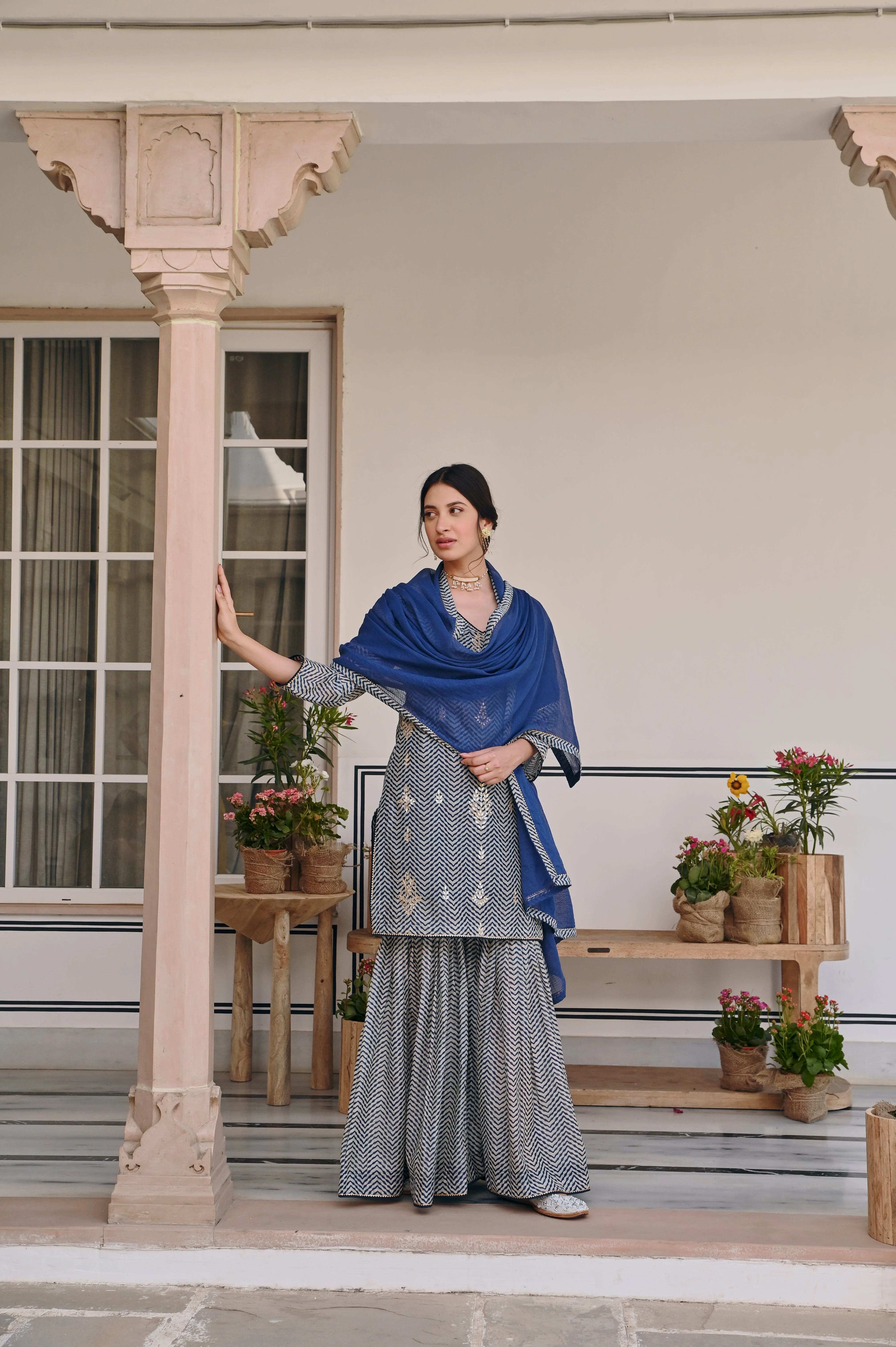Blue Embellished Chanderi Silk Sharara Set - Image 5