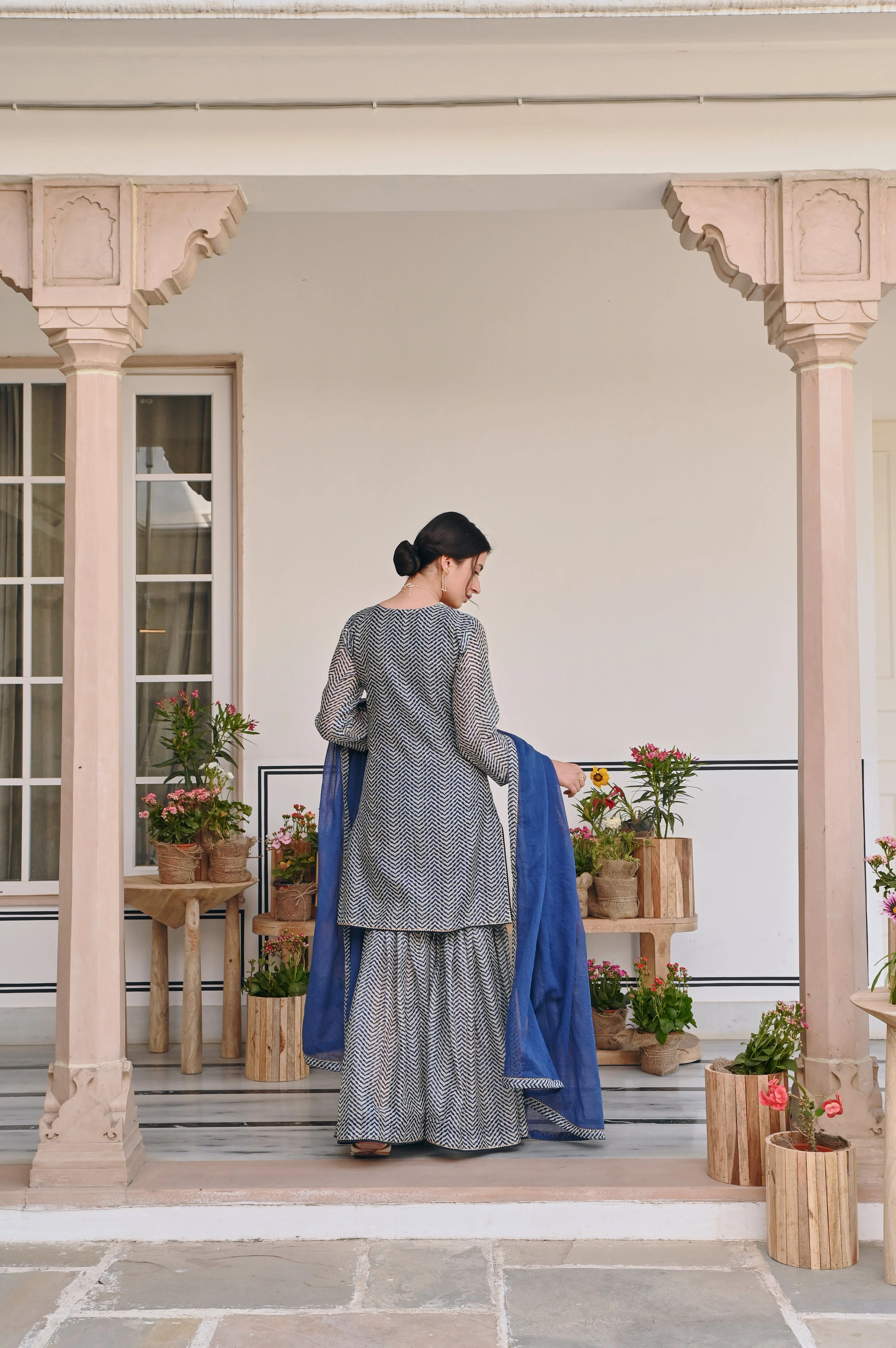 Blue Embellished Chanderi Silk Sharara Set - Image 6