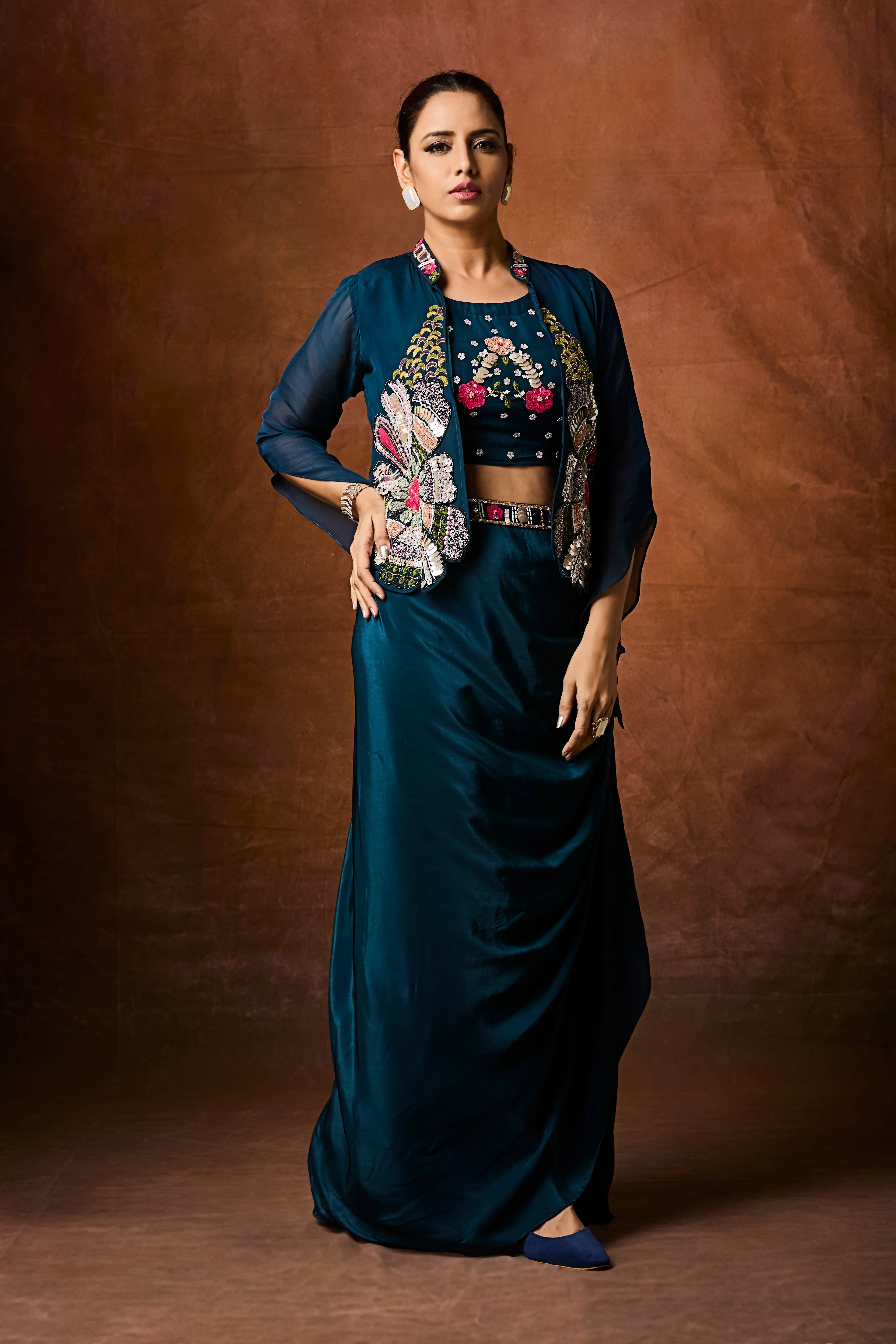Teal Blue Embellished Crepe Silk Skirt Set - Image 3