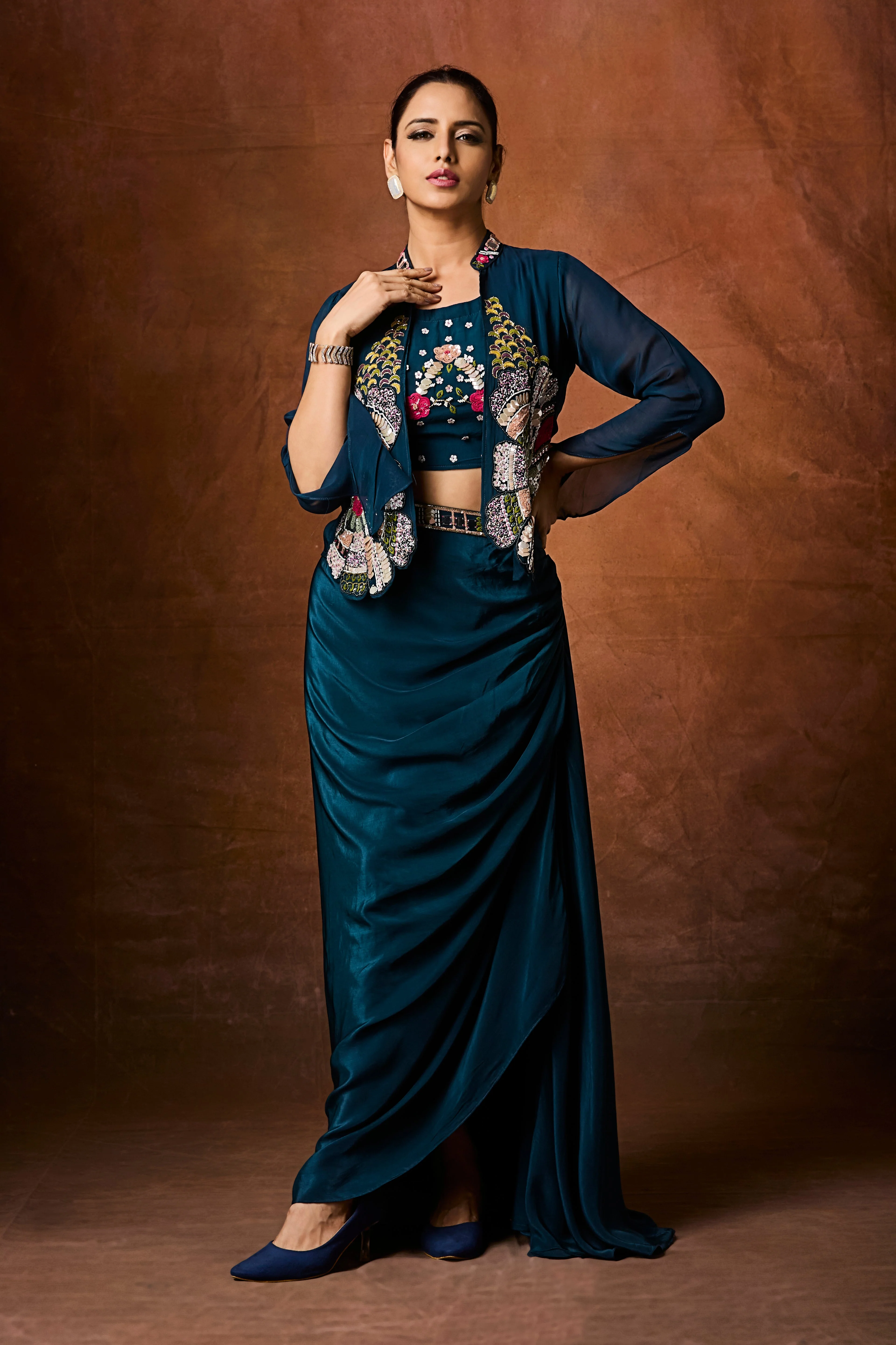 Teal Blue Embellished Crepe Silk Skirt Set - Image 4
