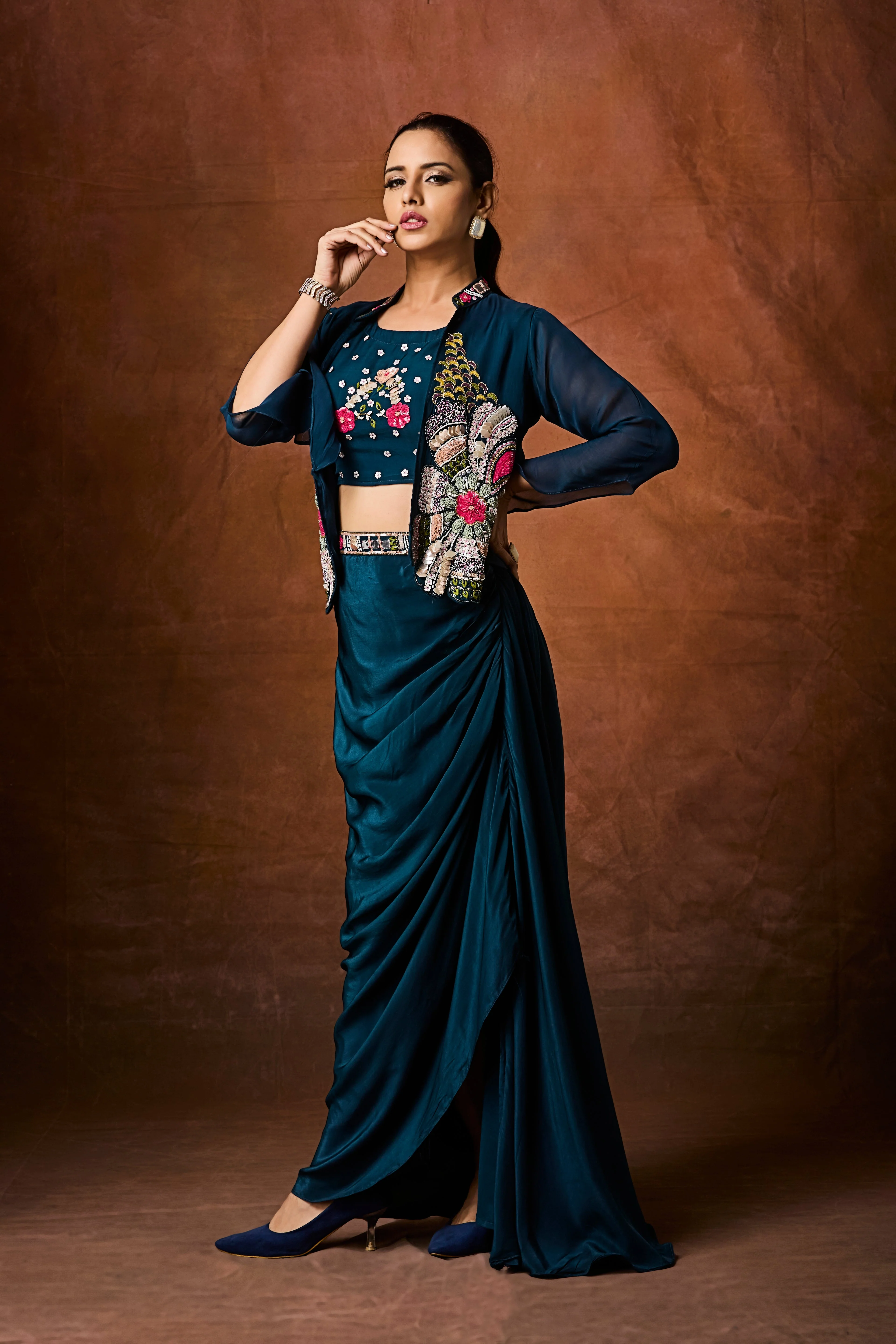 Teal Blue Embellished Crepe Silk Skirt Set - Image 5