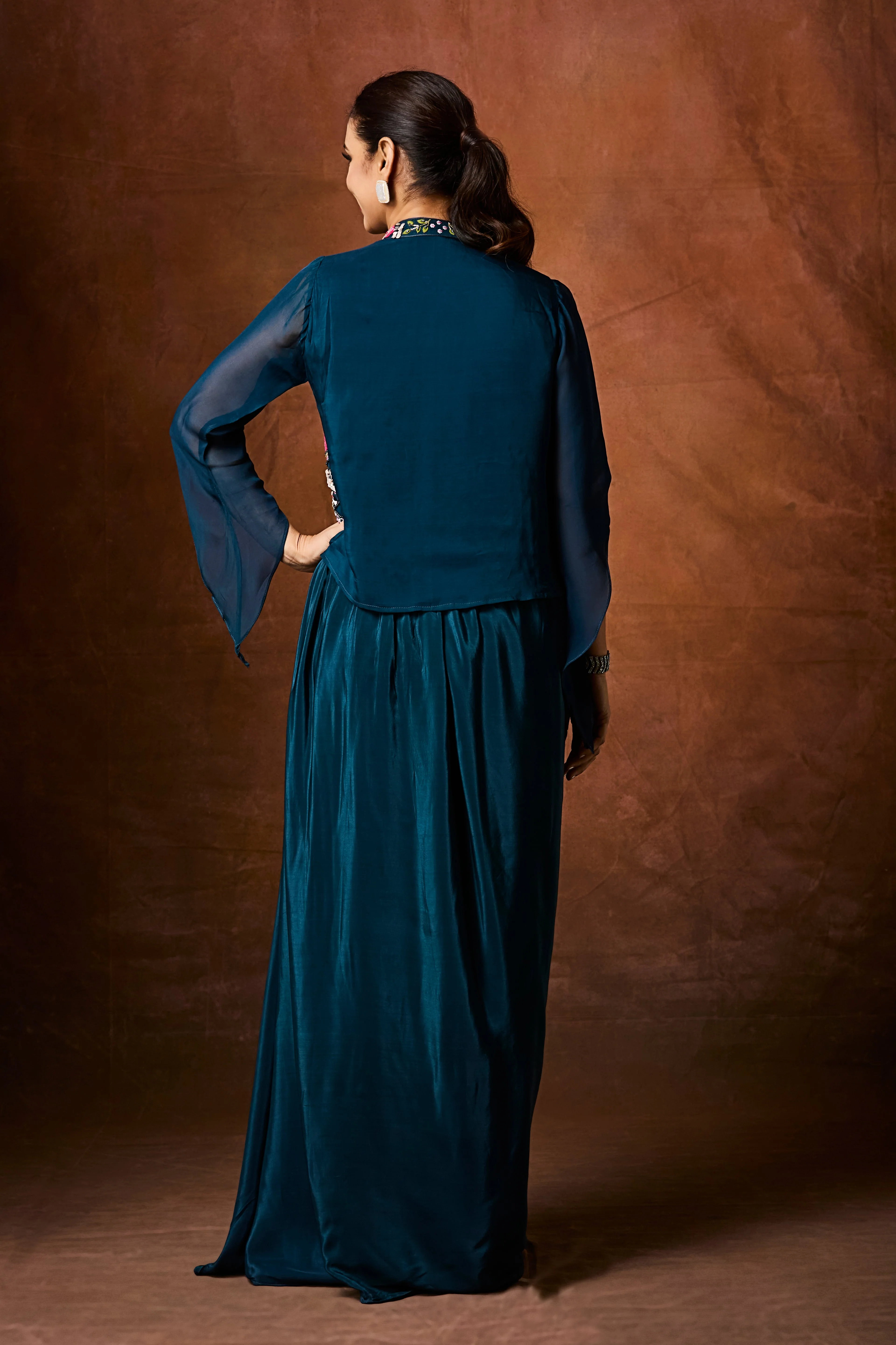 Teal Blue Embellished Crepe Silk Skirt Set - Image 6