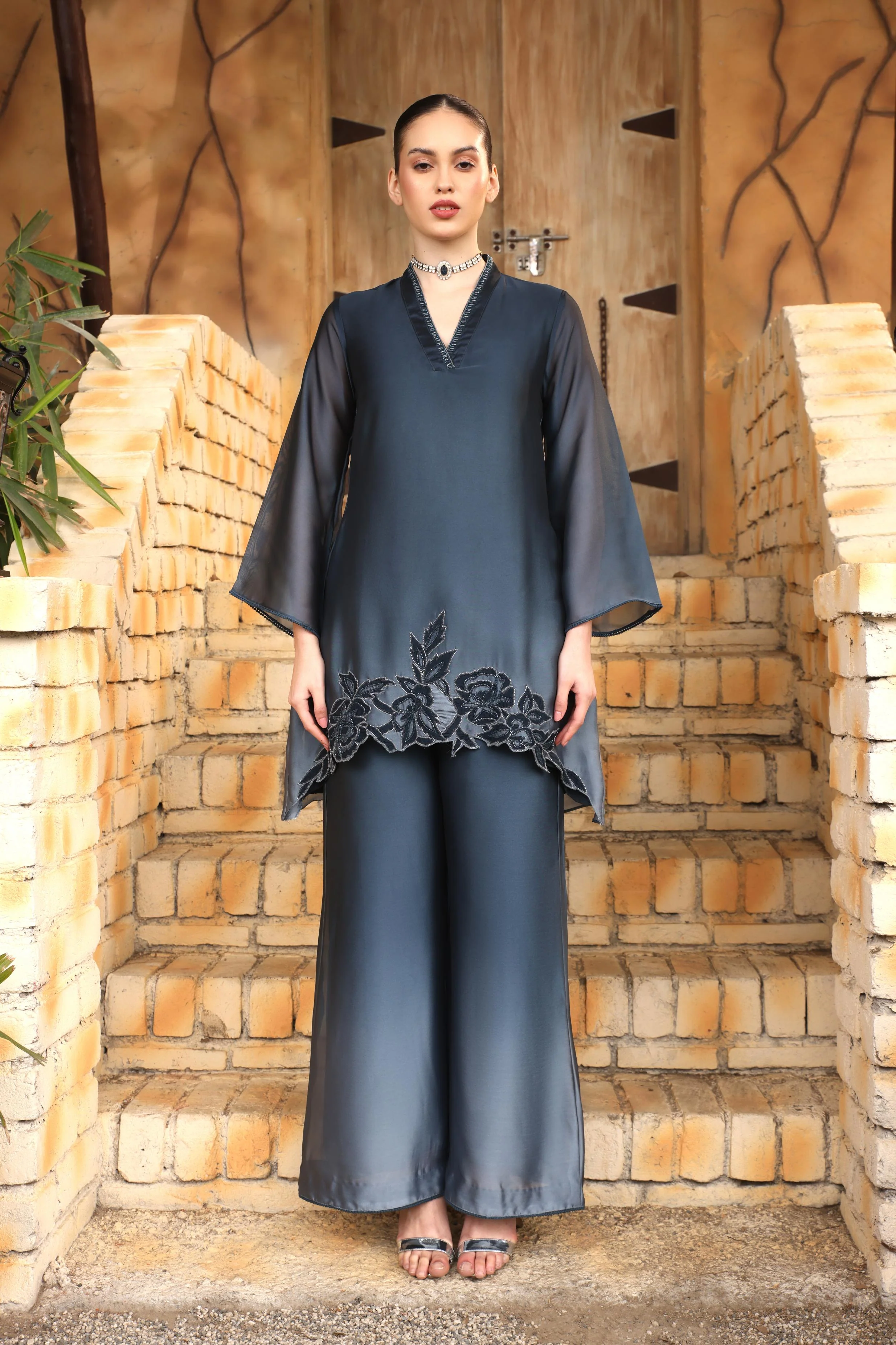 Incredible Blue Georgette Silk Palazzo Set - Image 2