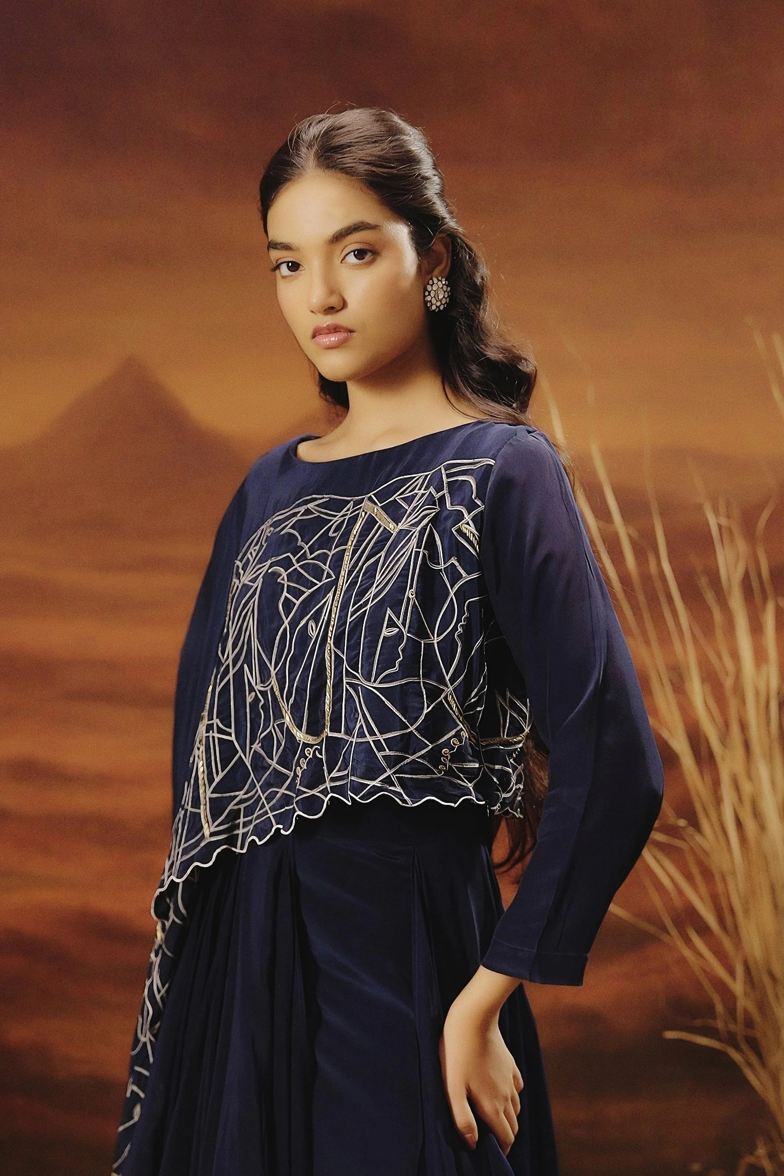 Marine Blue Embellished Georgette Silk Skirt Set - Image 2