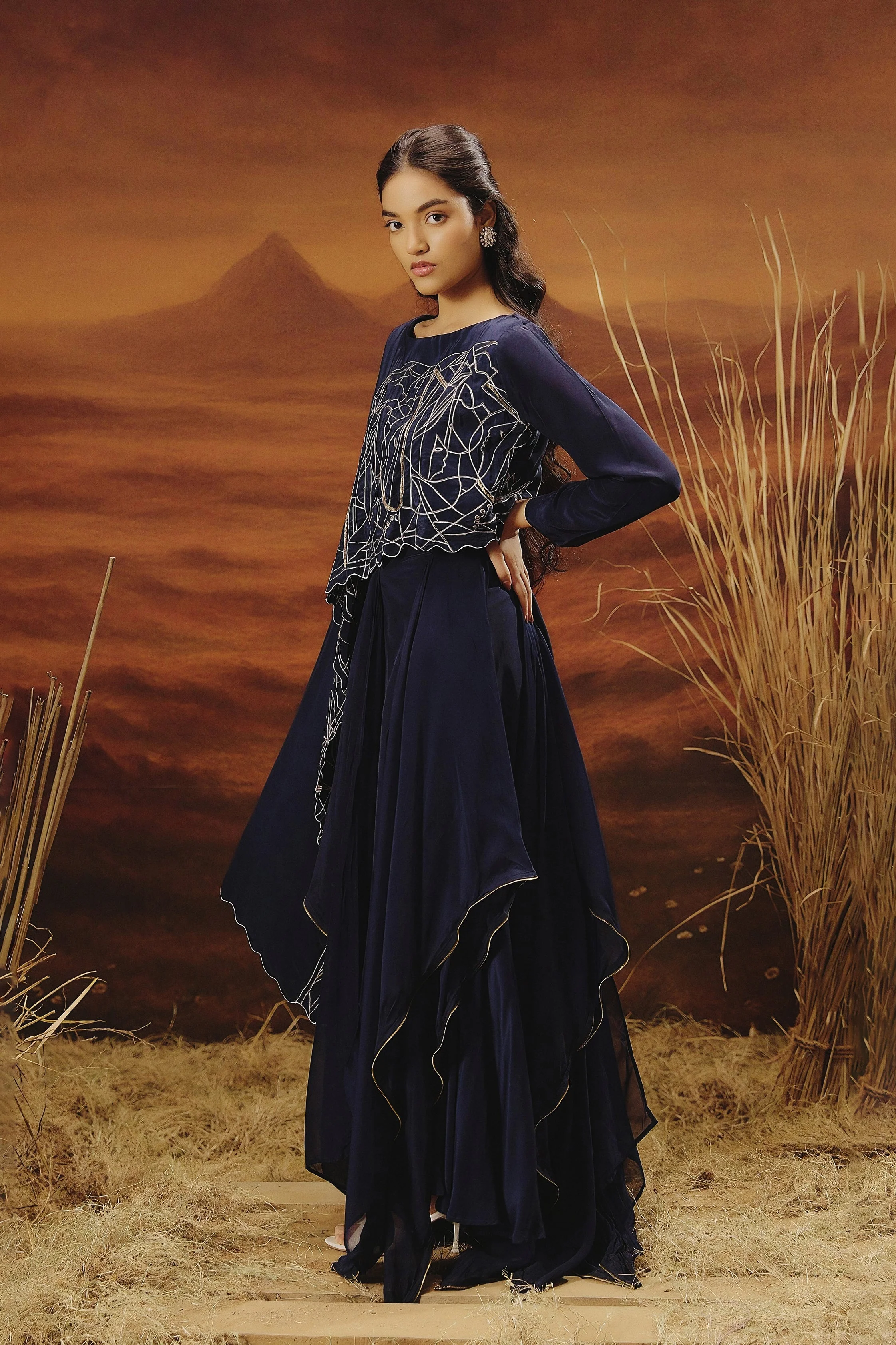 Marine Blue Embellished Georgette Silk Skirt Set - Image 3
